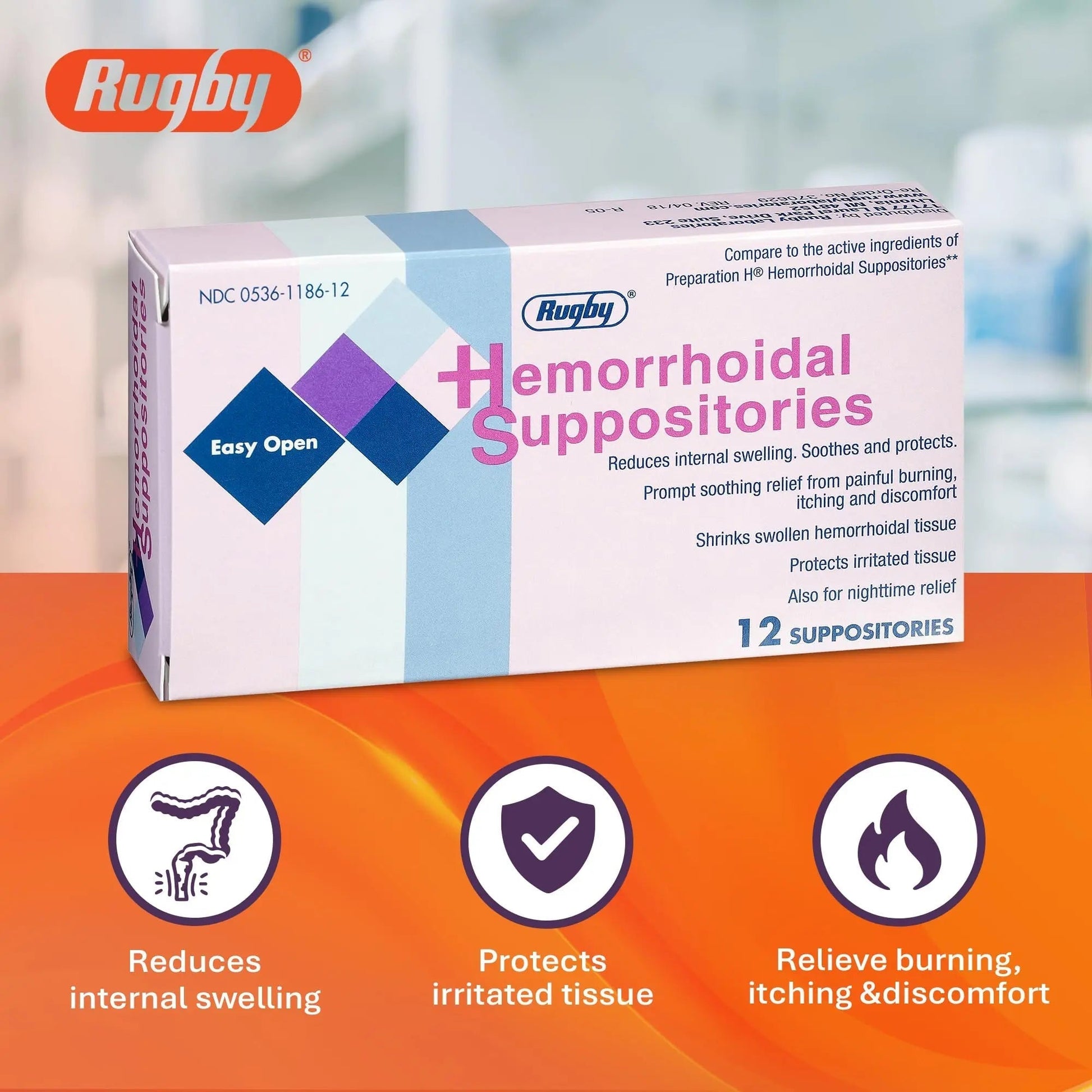Rugby Hemorrhoidal Suppositories - Soothing and Shrinking Action for Internal Hemorrhoids with Cocoa Butter and Phenylephrine HCl, Easy Open Design - 12 Count RUGBY LABORATORIES Au supplements