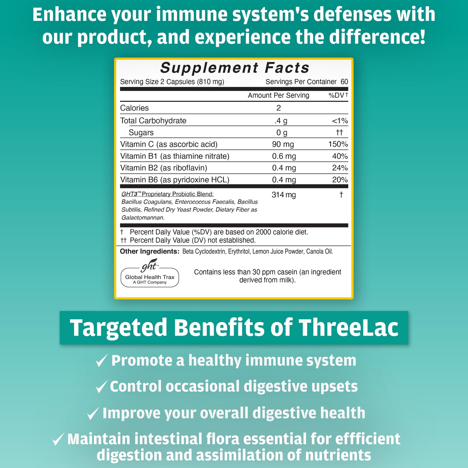 Global Health Trax GHT - ThreeLac Probiotic Capsules, 120 Count - Comprehensive Digestive Support for Men, Women, and Children - Immune System and Gut Balance, Non-GMO ght Global Health Trax Au supplements