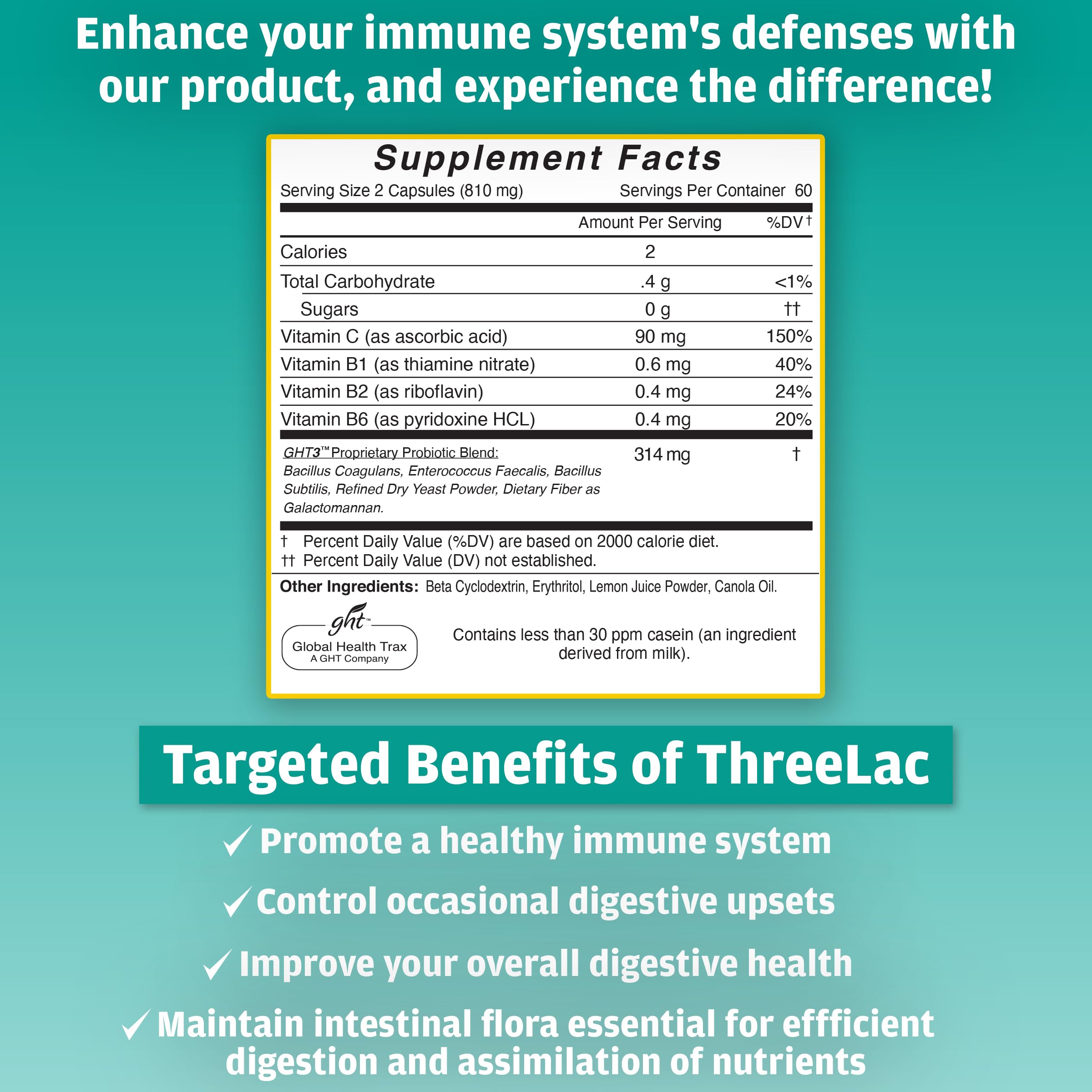 GHT - ThreeLac Probiotic Capsules, 240 Ct - Comprehensive Digestive Support for Men, Women, and Children - Immune System and Gut Balance, Non-GMO ght Global Health Trax Au supplements