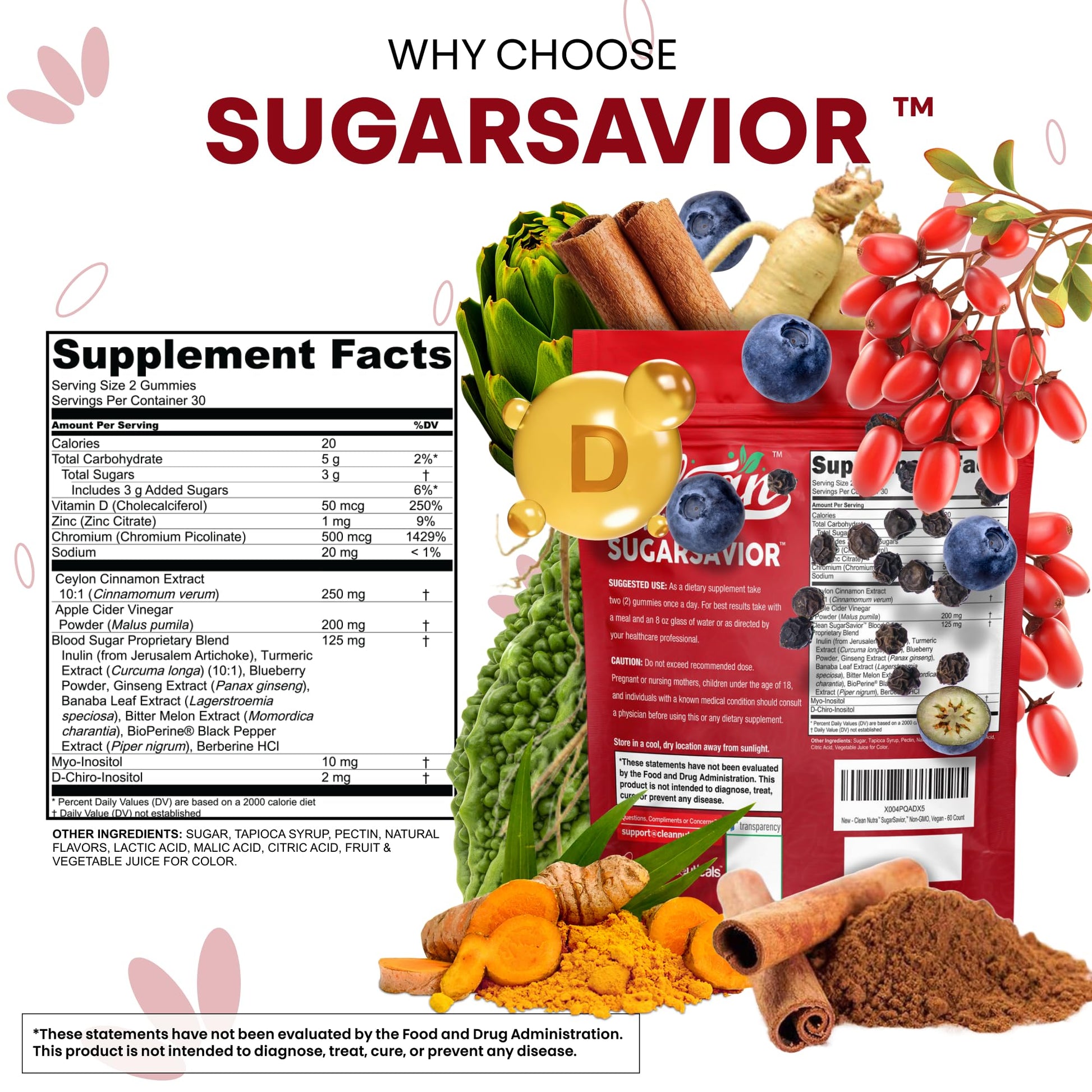 Sugar Savior Ceylon Cinnamon Berberine Gummies Apple Cider Vinegar Artichoke Turmeric Blueberry Ginseng Banaba Bitter Melon Black Pepper Vitamin D Zinc GLP1 Gummies 60 Count by Clean Nutra Clean Nutraceuticals Au supplements