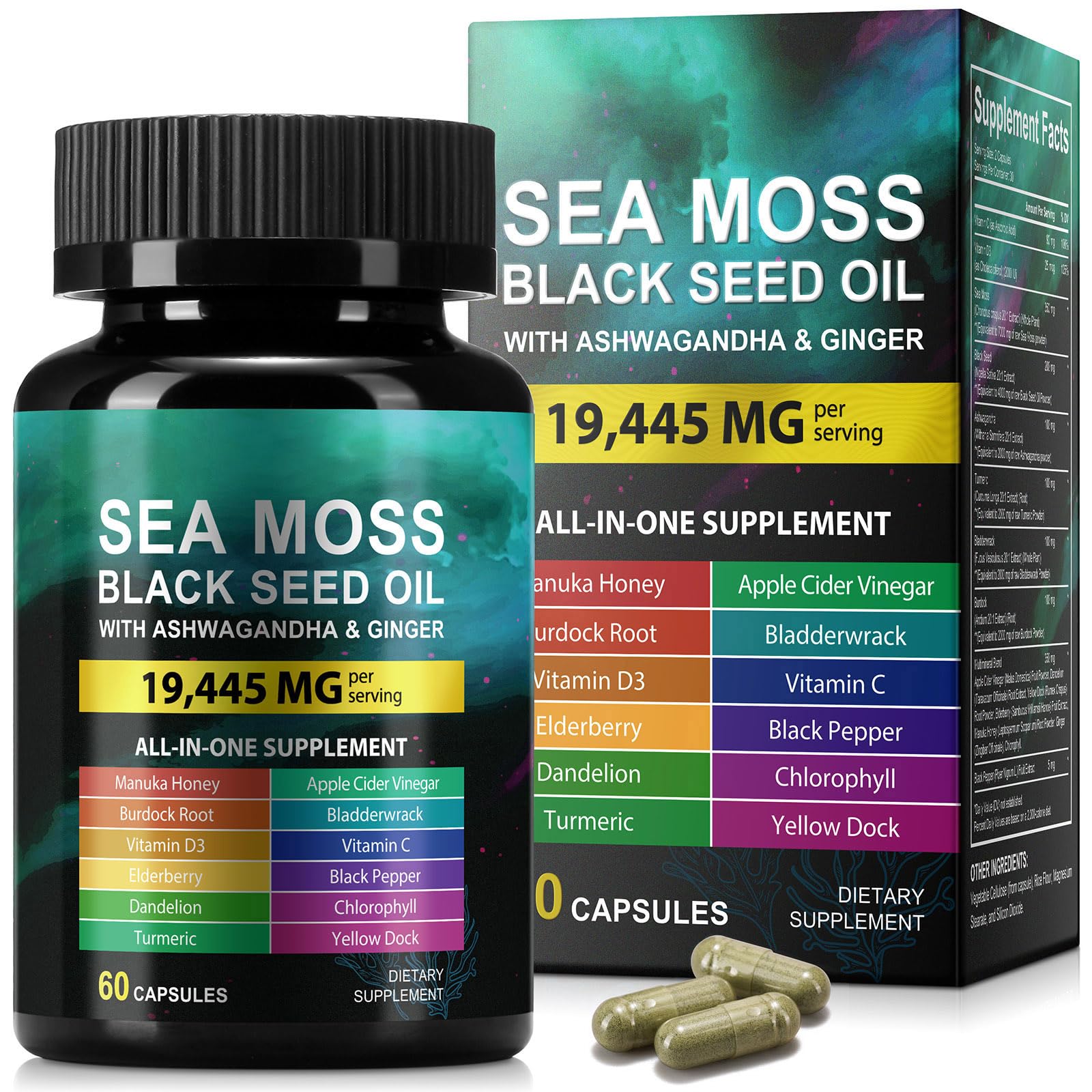Sea Moss Black Seed Oil Ashwagandha Ginger, Sea Moss Capsule Supplement with Turmeric Burdock Root Bladderwrack Vitamin C Vitamin D3 Enhanced Immunity & Energy Black Seed Oil Capsule 60 Count HUYEHF Au supplements