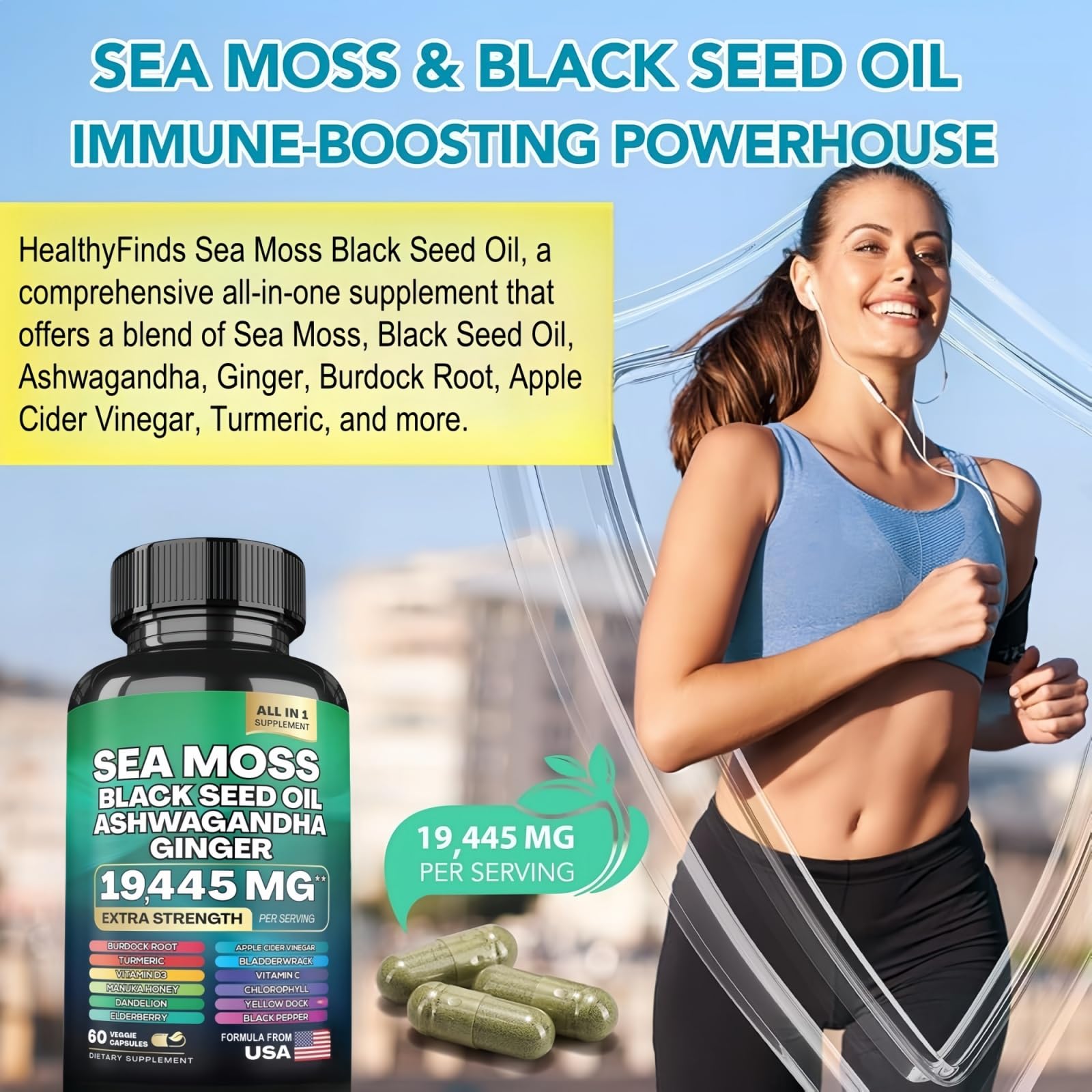 HealthyFinds Sea Moss Black Seed Oil Ashwagandha Ginger Capsules with Turmeric Bladderwrack Burdock & Vitamin C Vitamin D3 with Elderberry Manuka Dandelion Yellow Dock Iodine Chlorophyll ACV HealthyFinds Au supplements