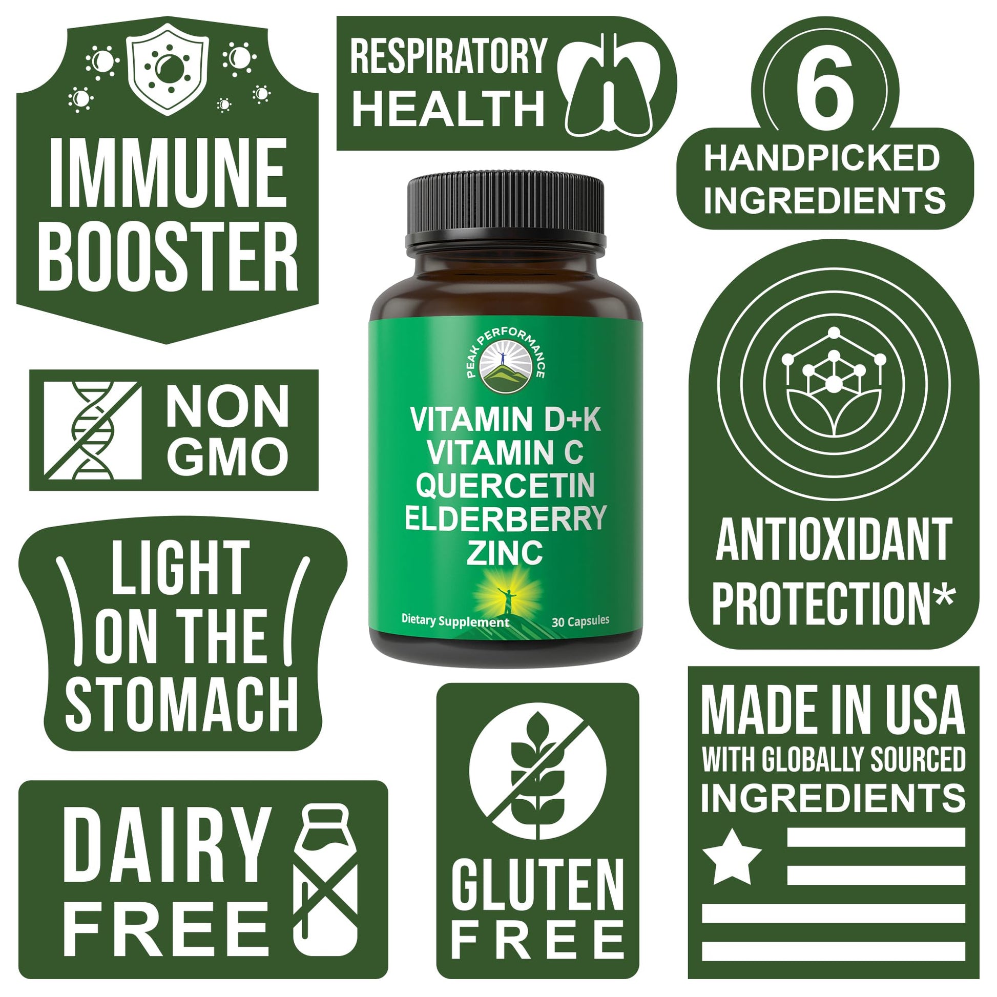 Immune Support Supplement with 6 Top Ingredients. Vitamin D3 K2 + Vitamin C + Elderberry + Zinc + Quercetin. Includes 5000 IU Vitamin D. Immunity Capsules. Supplements for Women and Men Peak Performance Au supplements