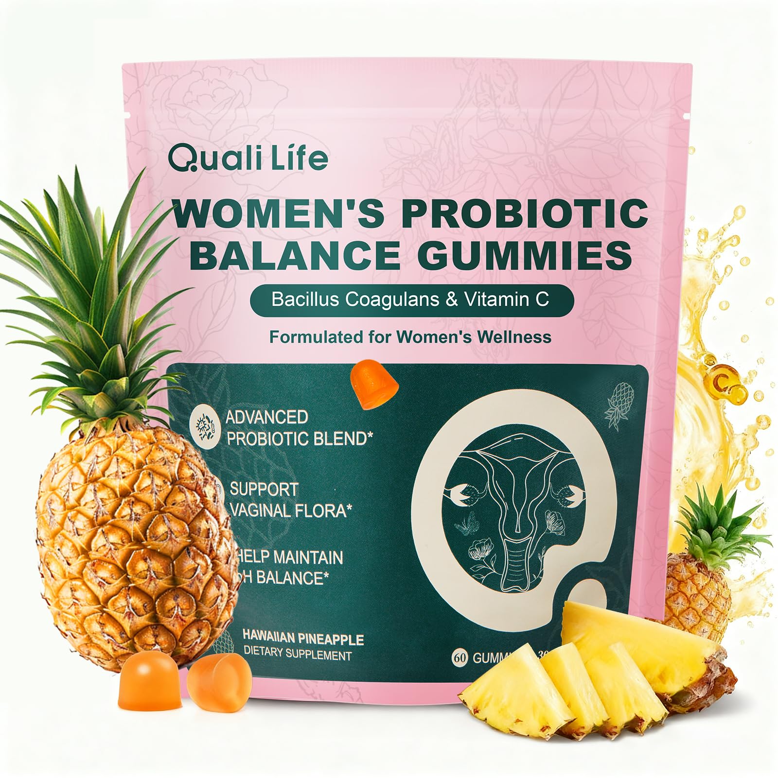 QualiLife Premium Feminine Balance Gummies for Women – Probiotic Vaginal Health Support with Vitamin C – pH Balance & Flora Support – Sugar Free, Vegan, Hawaiian Pineapple Flavor – 60 Gummies (1) QualiLife Au supplements