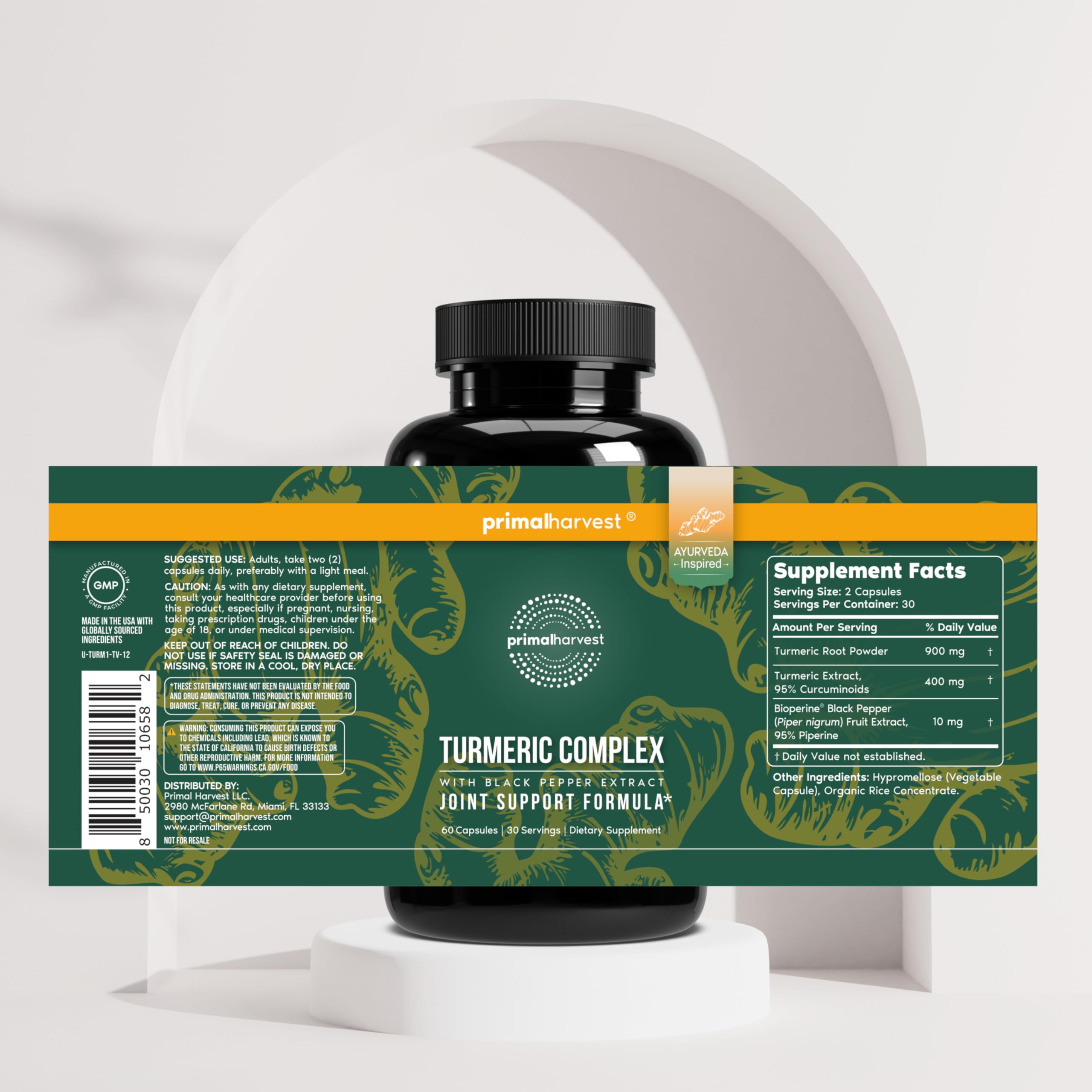 Primal Harvest 1 Pack, Primal Turmeric Complex w/Black Pepper Extract, Joint and Mobility Support Turmeric Supplement for Women & Men, 60 Capsules Primal Harvest Au supplements