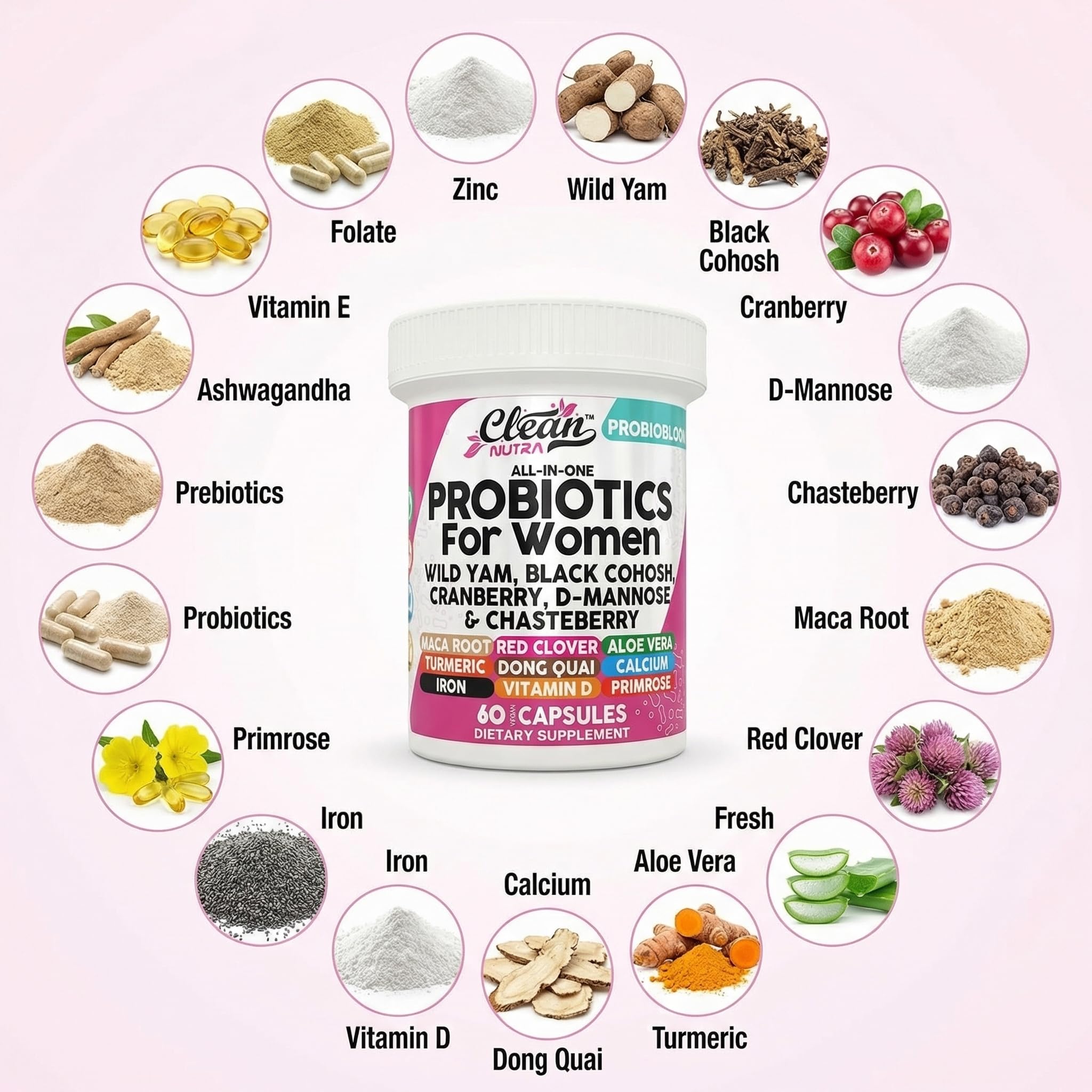 Clean Nutraceuticals Probiotics for Women with D Mannose, Cranberry Extract, Wild Yam, Chasteberry - 20 Probiotic and Prebiotic Strains - PH Balance, Womens Probiotic for Digestive Health - 60 Count Clean Nutraceuticals Au supplements