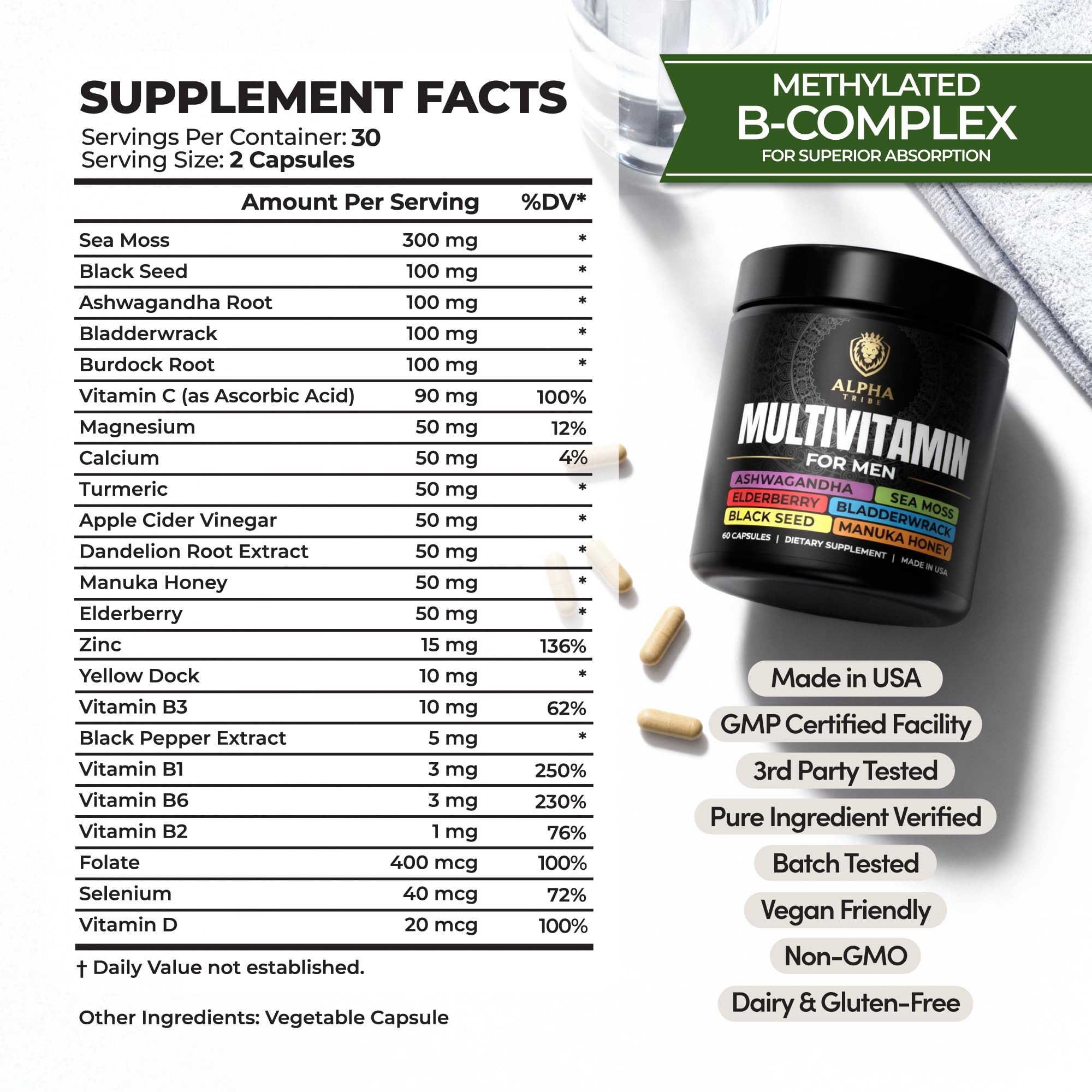 Alpha Tribe Multivitamin for Men & Organizer w/Seamoss Black Seed Oil Ashwagandha Burdock Root Turmeric Bladderwrack Vitamin C | Daily Men's Vitamins & Minerals Supplement | 60 Count Alpha Tribe Au supplements