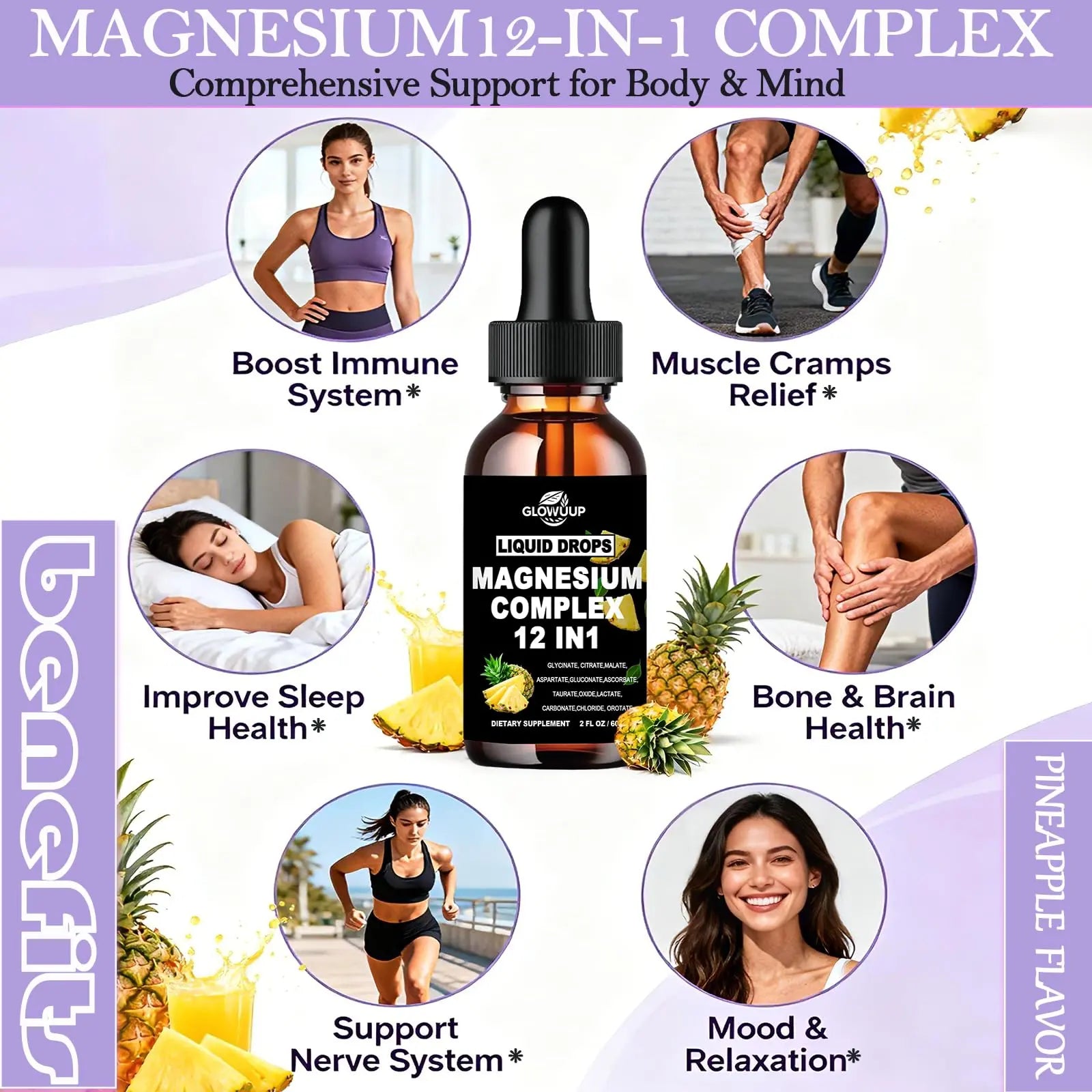 Magnesium 12 in 1 Complex 1000mg Supplement for Women & Men, High Absorption Liquid Magnesium W/Glycinate Citrate Malate Taurate Oxide Aspartate Orotate, Calm Magnesium for Sleep Muscle Heart Support GLOVVUUP Au supplements
