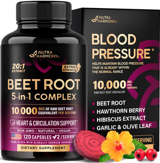 Beet Root 5-in-1 Complex Capsules - Healthy Blood Pressure Support Supplement for Heart & Circulation Support - Olive Leaf, Hawthorn Berry & Hibiscus NUTRAHARMONYUS supplements