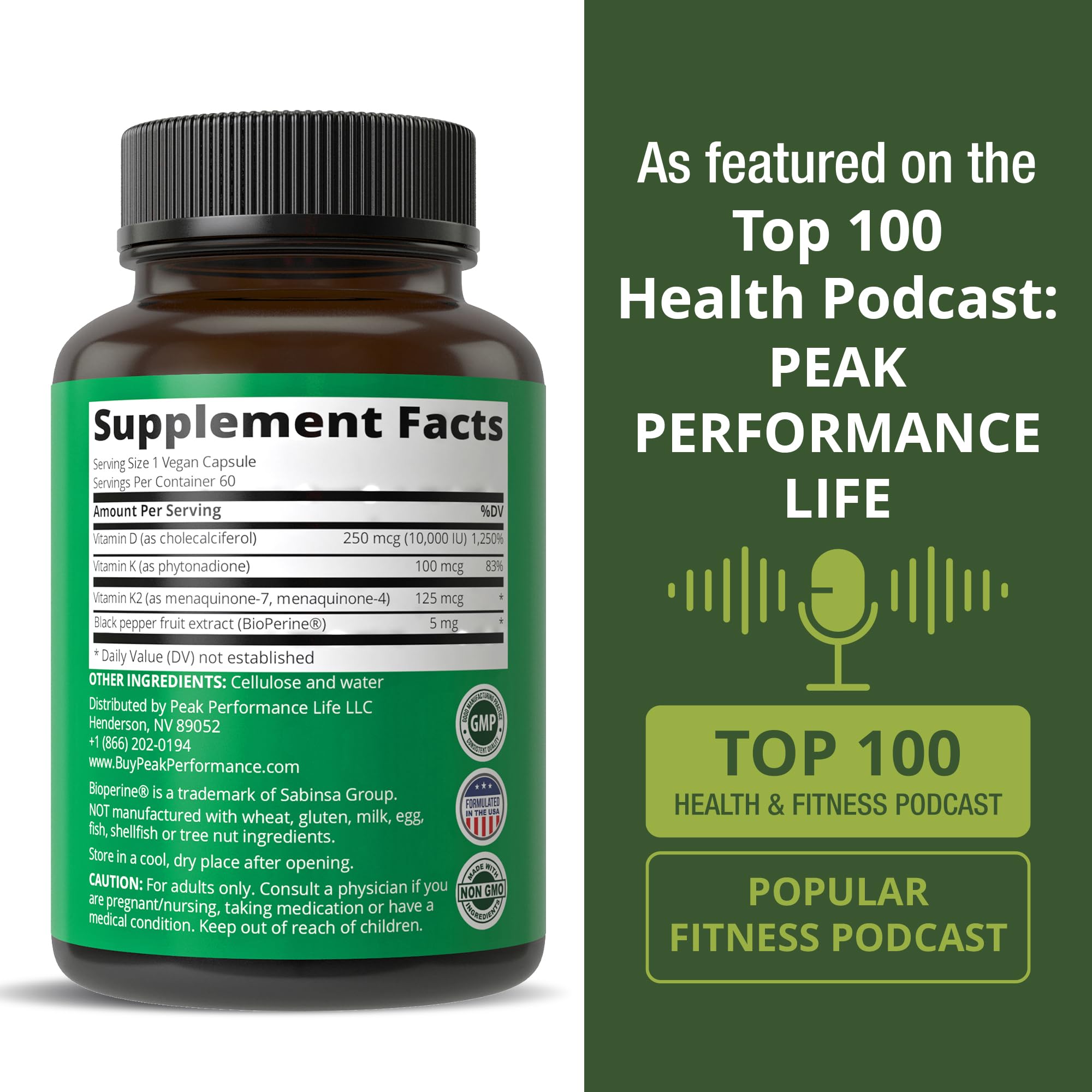 Peak Performance Advanced Vitamin D 10000 IU with All 3 Types of Vitamin K - 10,000 Vitamin D3 and Vitamin K2, K1, MK-7 (MK7), MK4 Capsules Supplement - 60 Small and Easy to Swallow Pills Peak Performance Au supplements