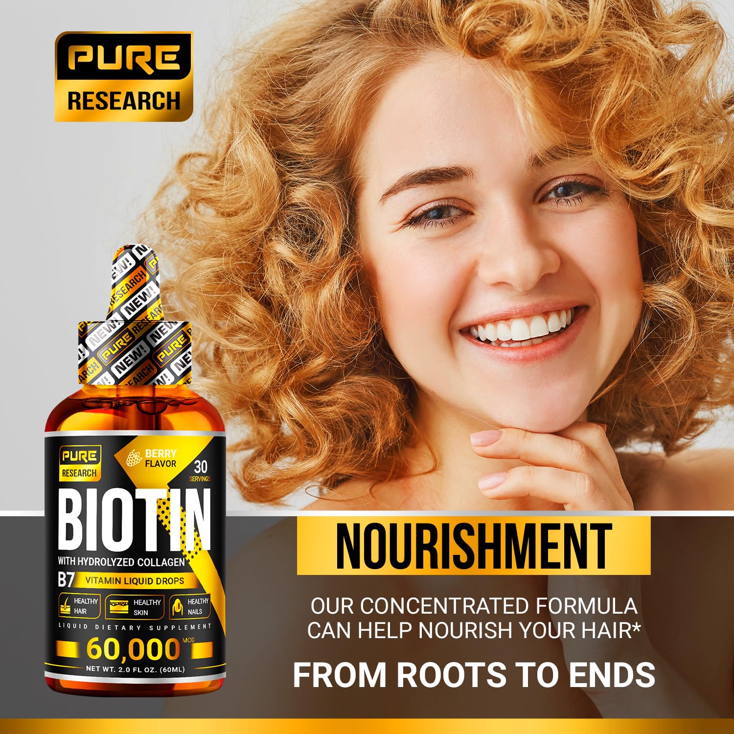 PURE RESEARCH Liquid Biotin & Collagen Hair Growth Drops 60,000mcg – Biotin and Liquid PURE RESEARCH Au supplements