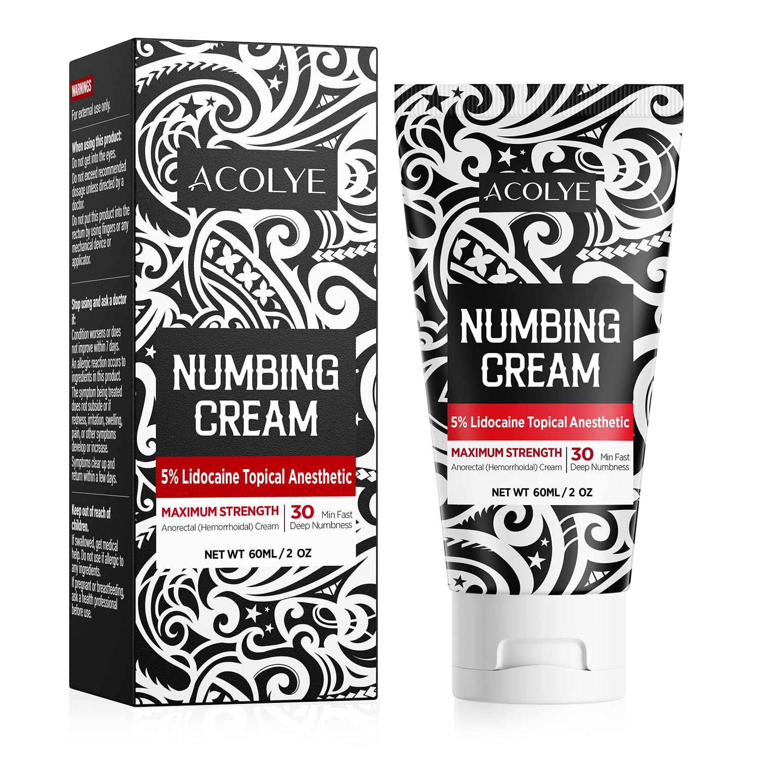 Acolye Numbing Cream Maximum Strength : 5% Lidocaine Topical Anesthetic - Extra Strength 5X Numbing with Menthol Arnica and Emu Oi (2 Fl Oz, Mint Flavor) Acolye Au supplements