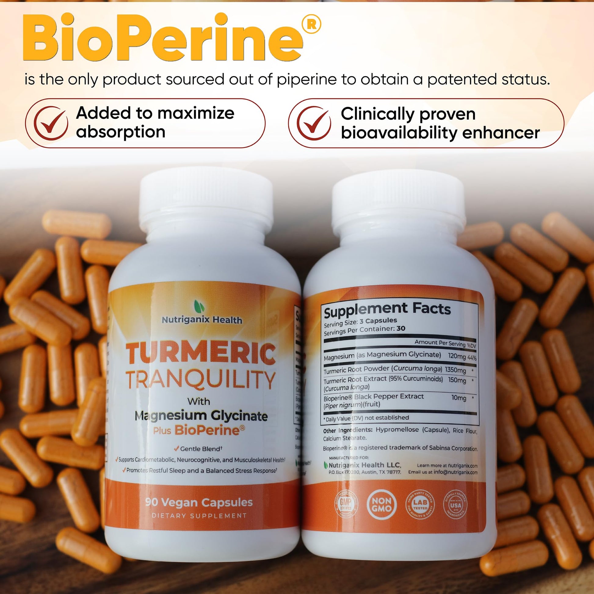 Turmeric Tranquility Turmeric Curcumin & Magnesium Glycinate with BioPerine – Support for Stress Relief, Sleep, Heart Health, Muscles, Metabolism, and Joint Health* - High Absorption - 90 Capsules (1) Nutriganix Au supplements