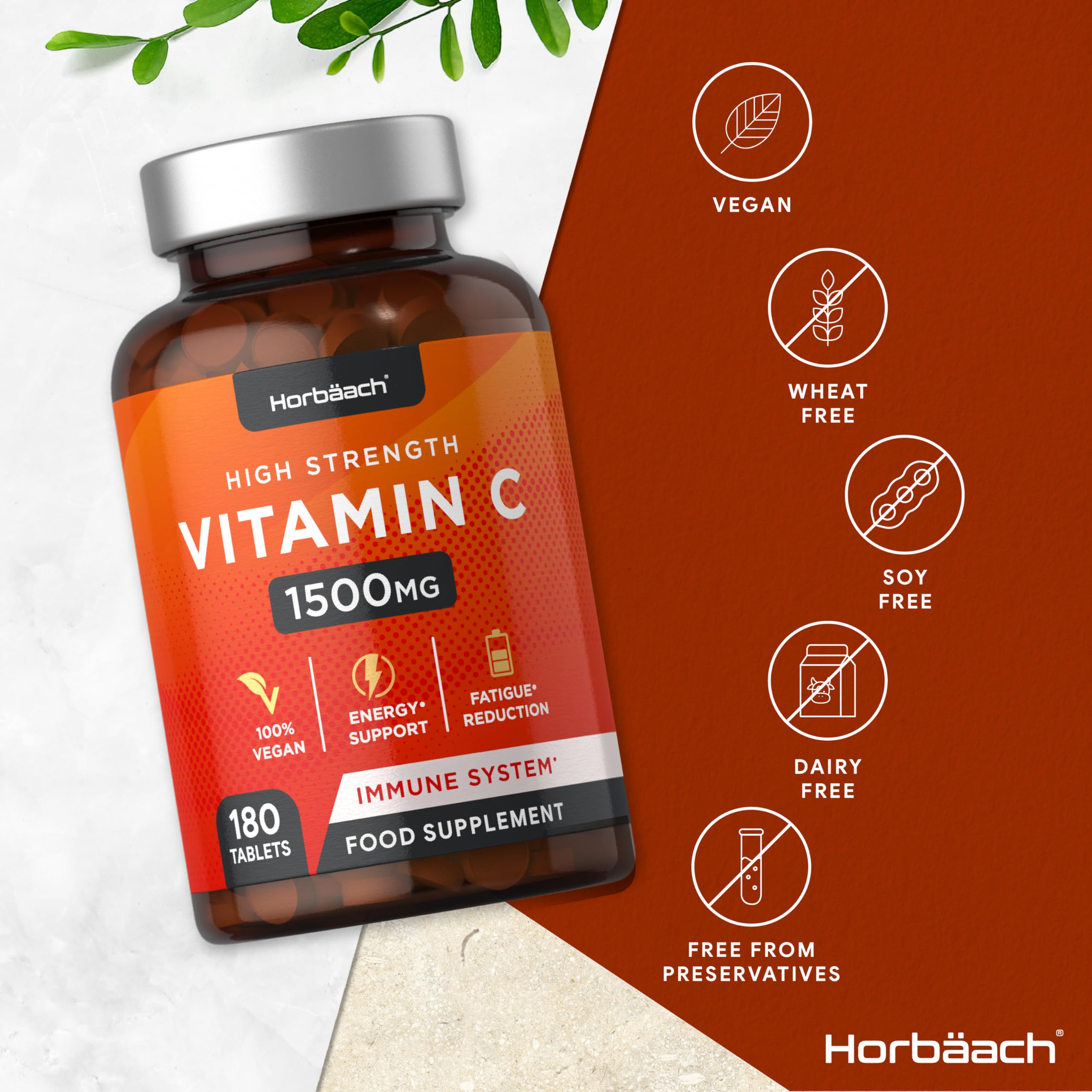 Vitamin C Tablets 1500mg | 180 Count | High Strength Vegan Supplement | No Artificial Horbäach Au supplements