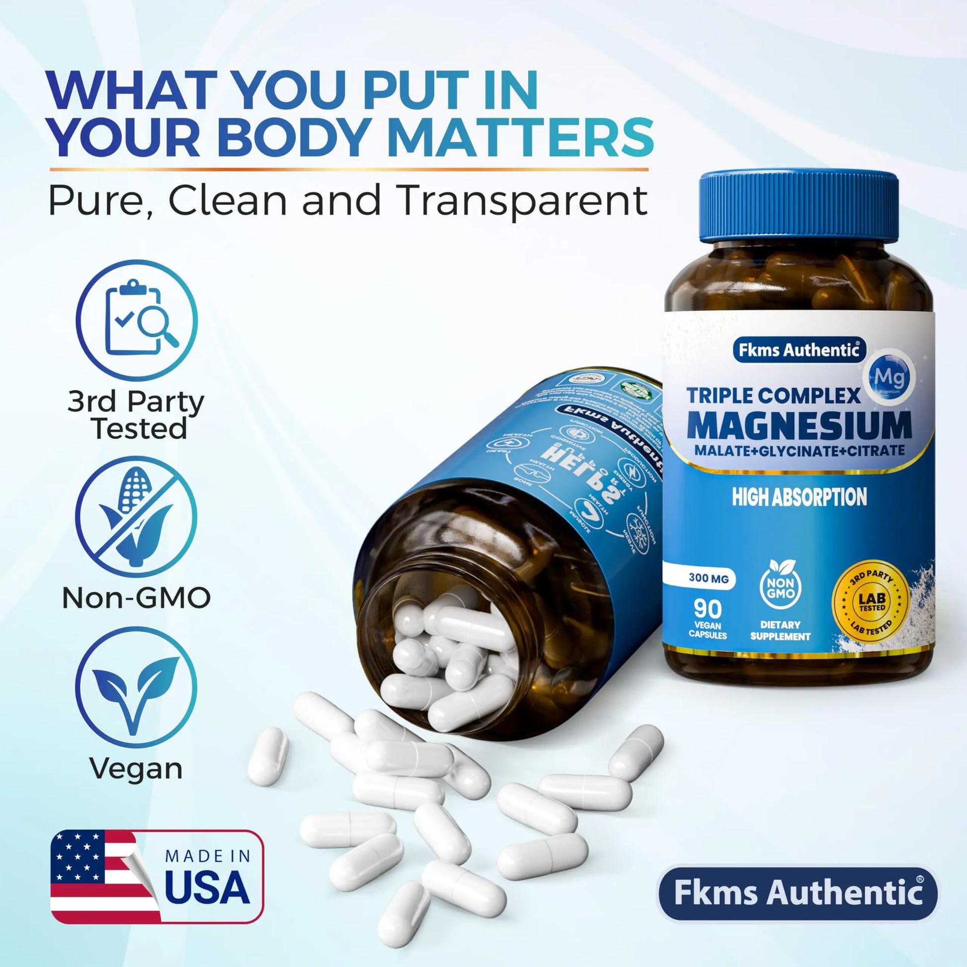 FKMS Authentic Triple Magnesium Complex | 300mg Magnesium Glycinate, Malate & Citrate for Sleep, Stress & Muscle Support | Non-GMO, Vegan, Gentle on Stomach | High Absorption | 90 Capsules FKMS AUTHENTIC Au supplements