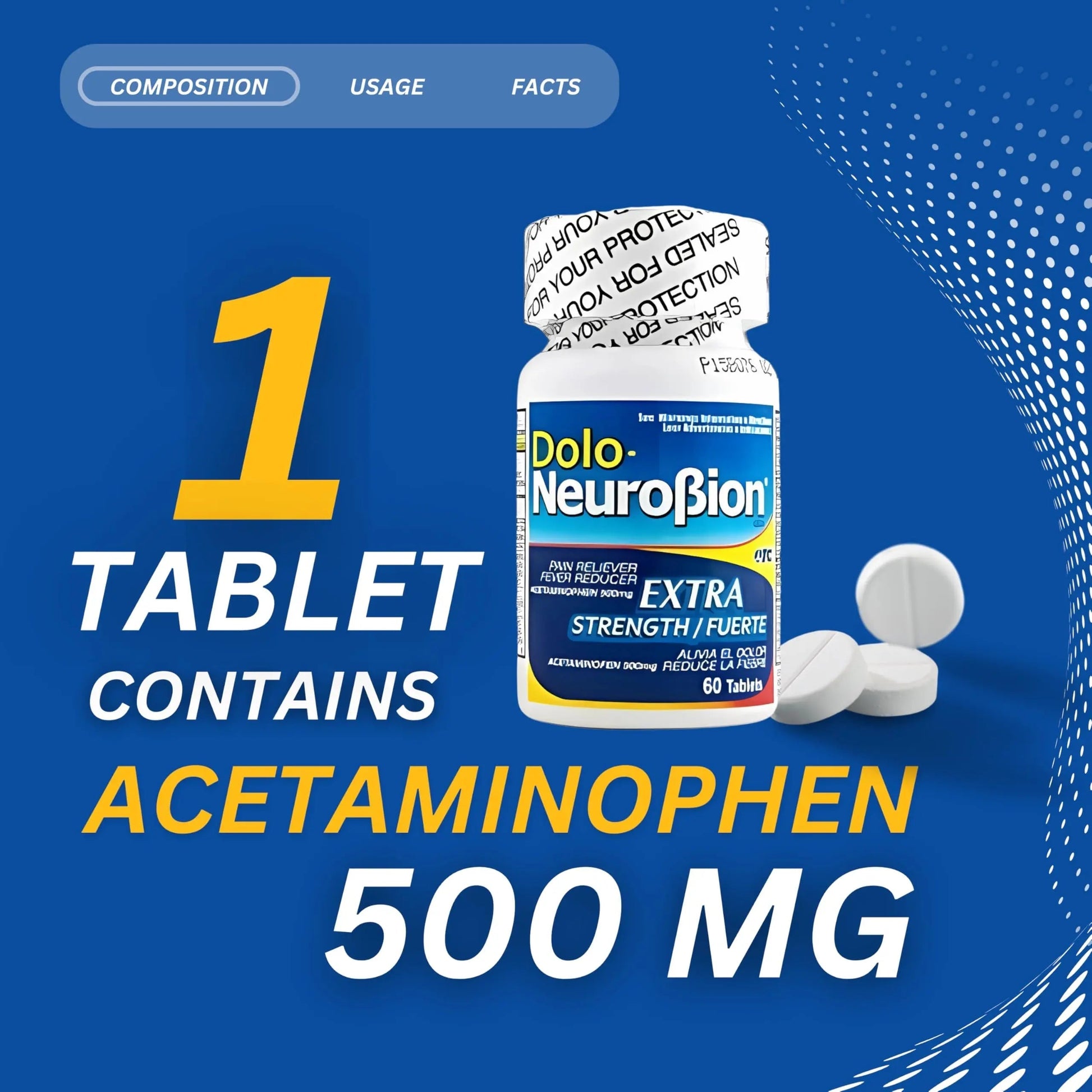 Dolo Neurobion Pain Reliever, Fever Reducer, Extra Strength. Alivia el Dolor,Reduce la Fiebre, Extra Fuerte. 60 Tablets. Acetaminophen 500 mg Neurobion Au supplements