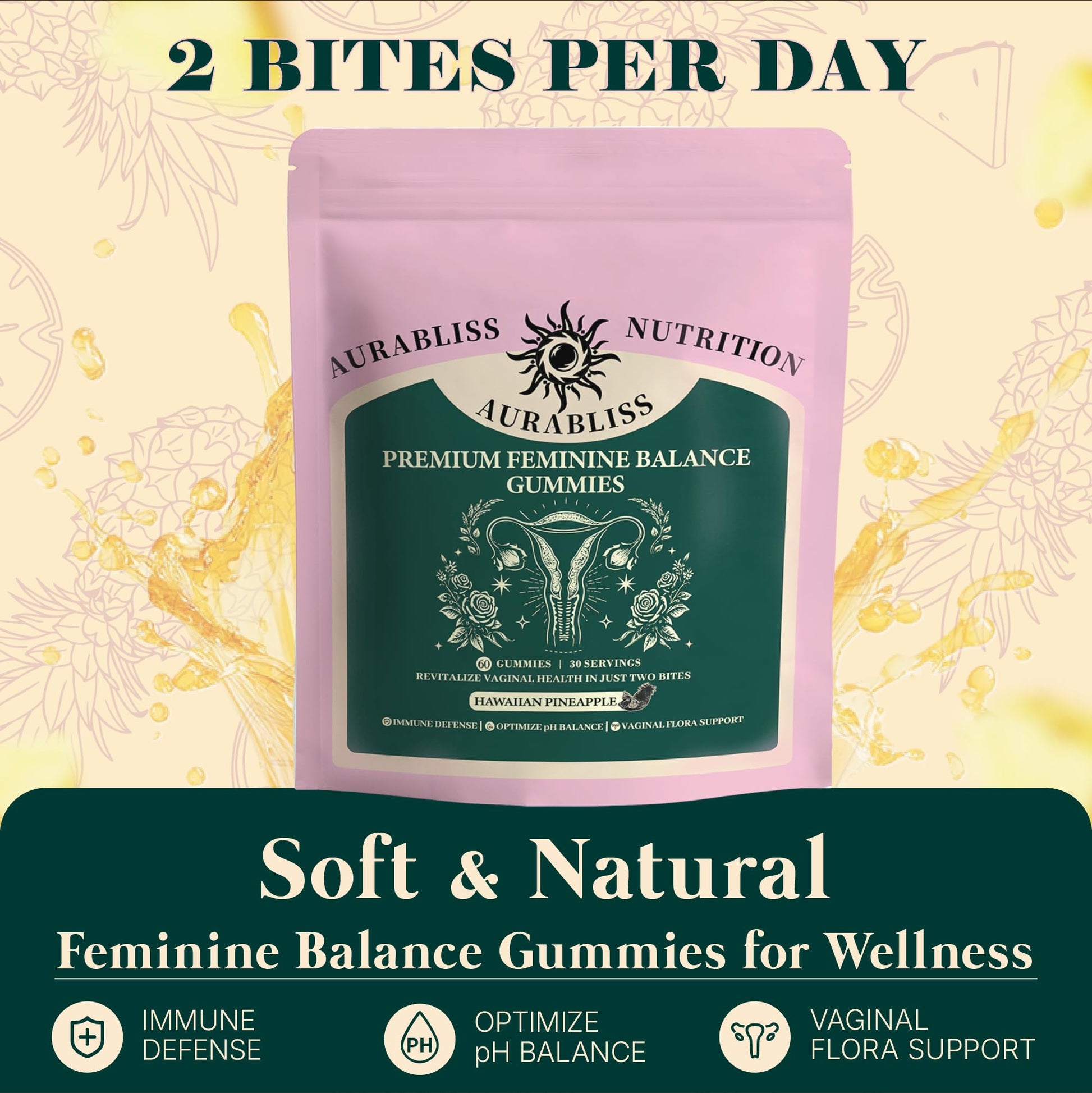 Premium Feminine Balance Gummies for Women - Hawaiian Pineapple Gummies for Women PH Balance Wellness, Immune Support, Vegan Daily Supplement for Odor and Flora Health , 60 Counts - 30 Servings Aurabliss Au supplements