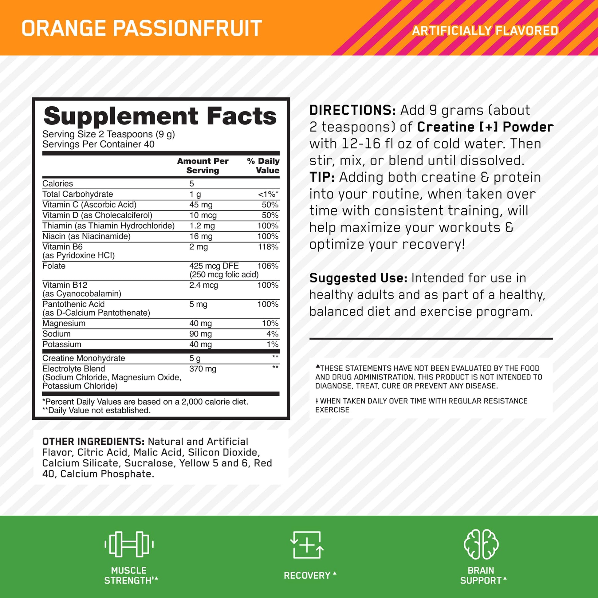 Optimum Nutrition Creatine Monohydrate Plus Powder, Orange Passionfruit Flavored Creatine Performance Blend With Electrolytes for Hydration, Added Vitamins, 40 Servings, 360 Grams (Packaging May Vary) Optimum Nutrition Au supplements
