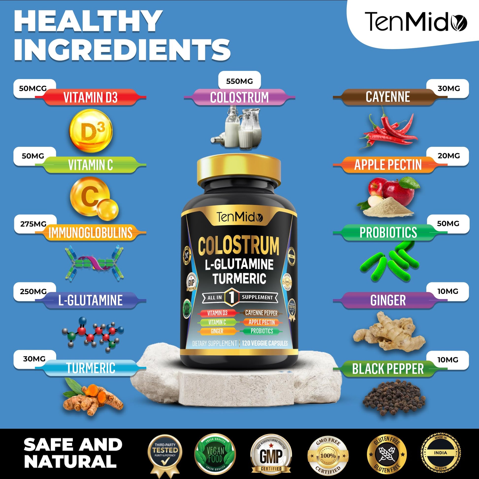Tenmido Colostrum Supplement - 10in1 Formula - Combine with L- Glutamine, Turmeric, Cayenne Pepper, Apple Pectin, Probiotics, Ginger, and More - Digestive Health, Immune Support - 120 Capsules Tenmido Au supplements