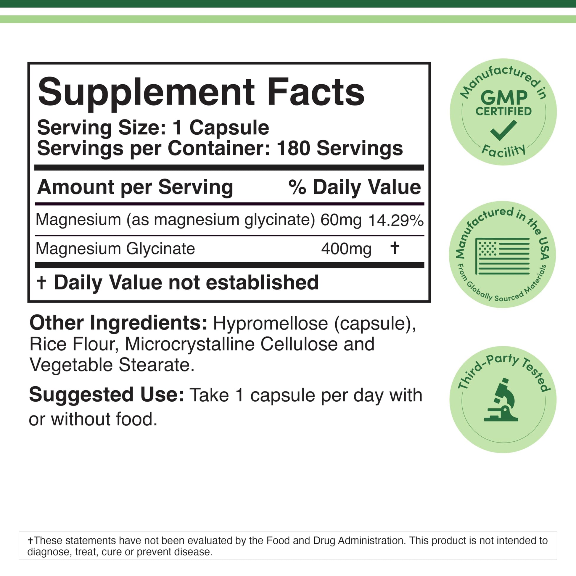 Magnesium Glycinate 400mg | 180 Capsules | Sleep, Muscle, & Heart Support | Vegan, Third Party Tested, Gluten Free, Non-GMO, by Double Wood Supplements Double Wood Supplements Au supplements