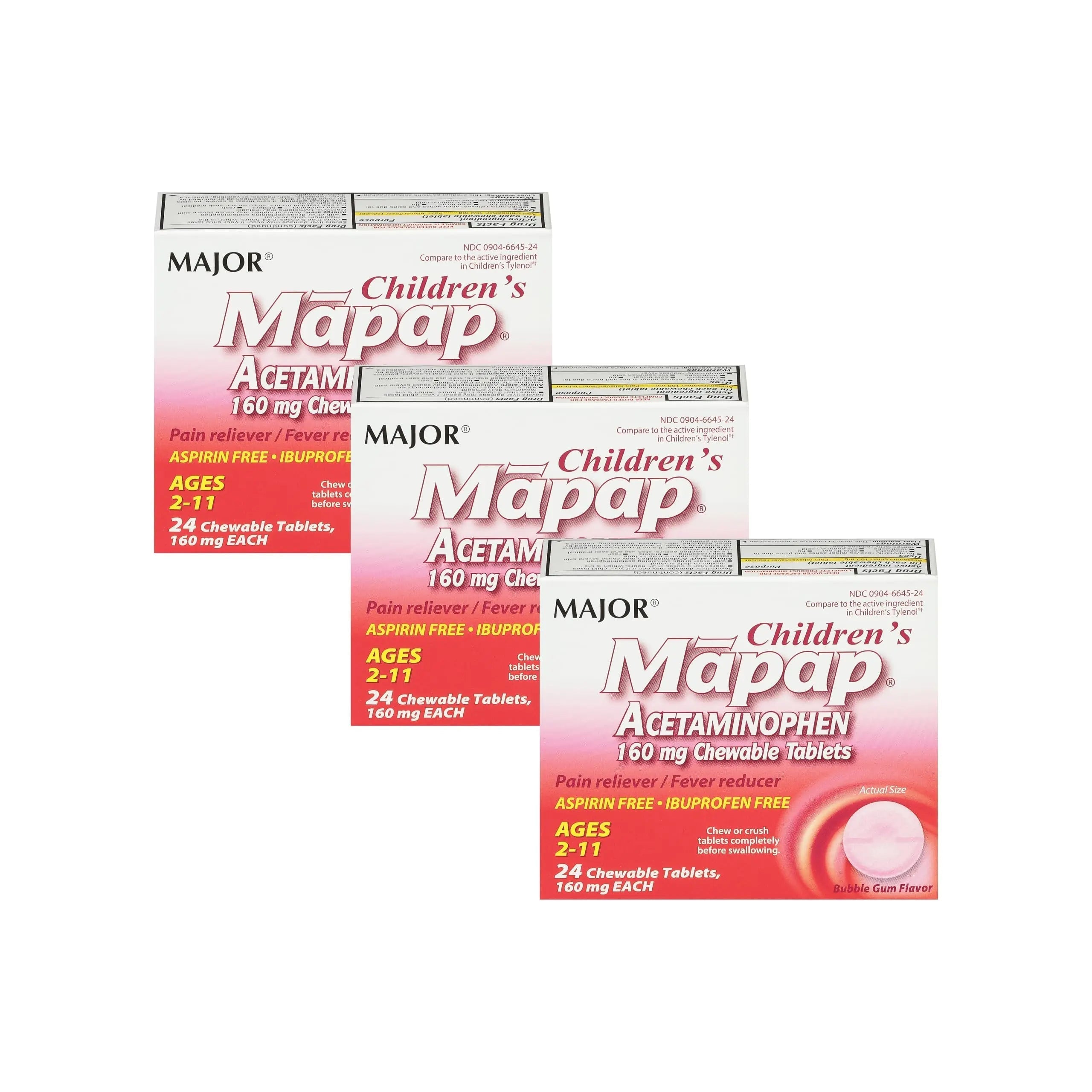 MAJOR Children’s Mapap Acetaminophen 160 mg Chewable Tablets - Pain Reliever/Fever Reducer - Aspirin Free - Ibuprofen Free - for Ages 2 to 11-24 Count (3 Pack) MAJOR Au supplements