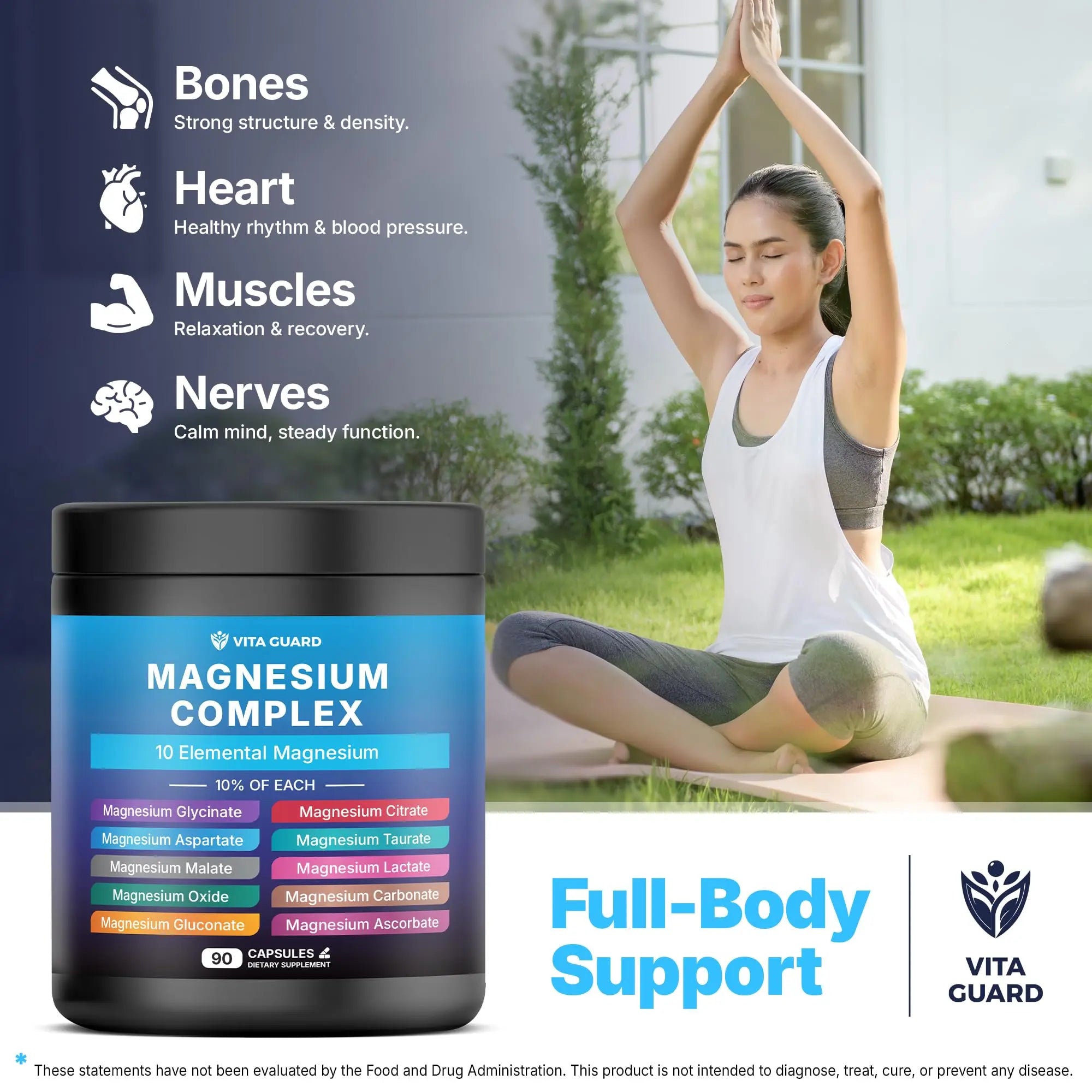 Vita Guard Magnesium Complex 1480mg – 10-in-1 with Glycinate, Citrate, Malate & More – High Absorption – Sleep, Muscle, Nerve & Heart Support – 90 Vegan Capsules – Non-GMO, Gluten-Free, No Sugar Vita Guard Au supplements