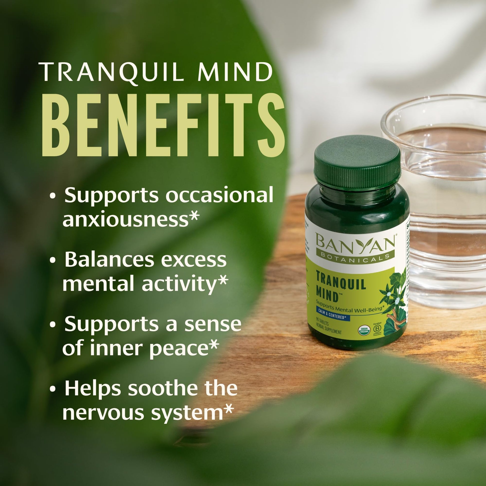 Banyan Botanicals Organic Tranquil Mind – Nervous System Support & Physical Relaxation Supplement – with Skullcap, Passionflower & Gotu Kola – Non-Drowsy Systemic Grounding – 90 Tablets – USDA Organic Banyan Botanicals Au supplements