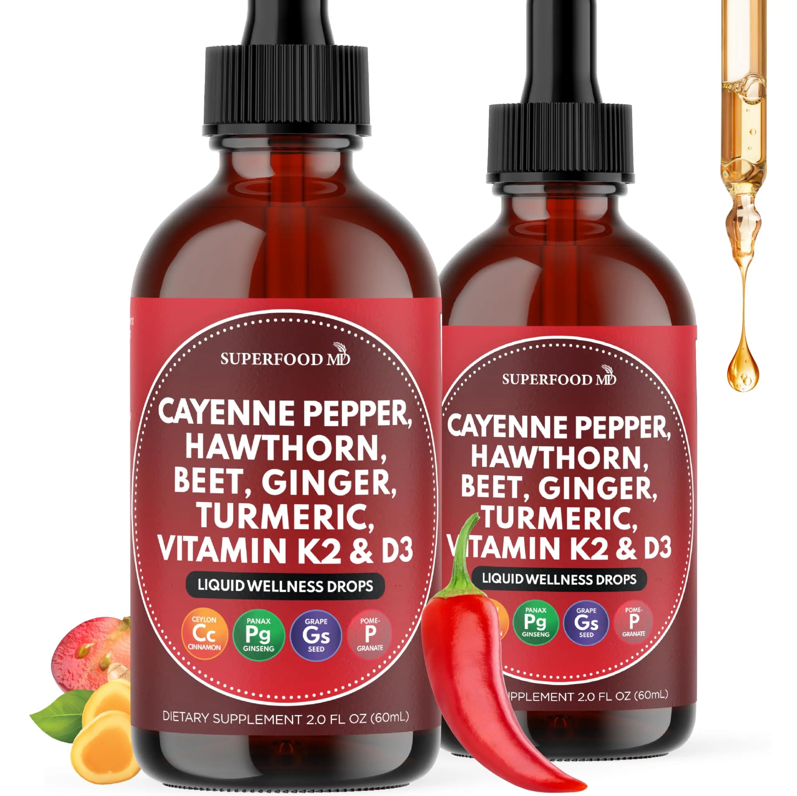 Cayenne Pepper Supplement Liquid Drops + Hawthorn Berry, Vitamin D3 K2 Beet Root Powder, Ceylon Cinnamon, Turmeric Curcumin, Organic Panax Ginseng - 4 OZ Superfood MD Au supplements