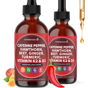 Cayenne Pepper Supplement Liquid Drops + Hawthorn Berry, Vitamin D3 K2 Beet Root Powder, Ceylon Cinnamon, Turmeric Curcumin, Organic Panax Ginseng - 4 OZ Superfood MD Au supplements