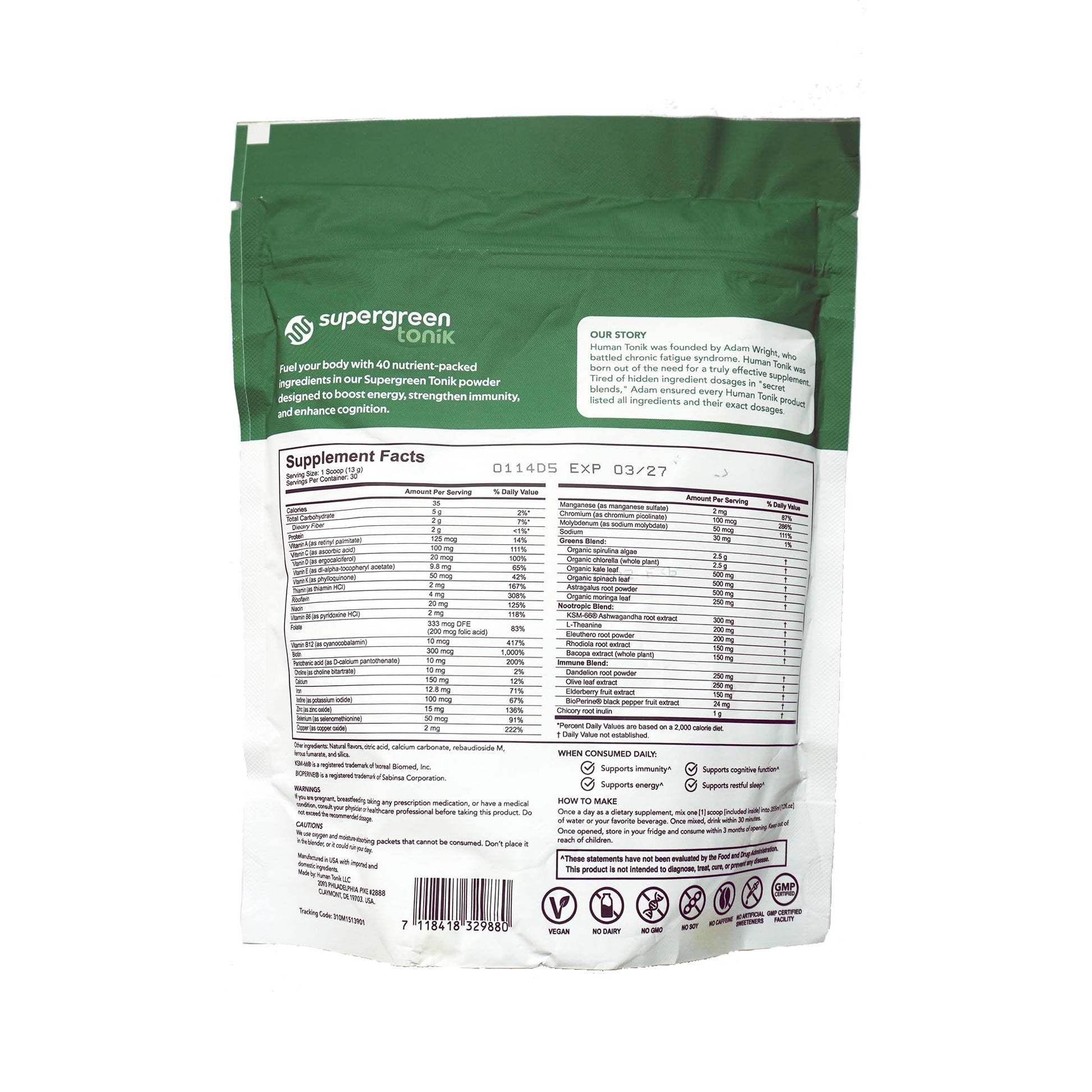 SUPERGREEN TONIK 100% Natural Greens Superfood Powder – Daily Supplement with 40 Superfoods, Vitamins and Minerals – Supports Energy, Stress and Immunity – 30 Days 360 Grams Berry Flavor (1 Bag) SUPERGREEN TONIK Au supplements