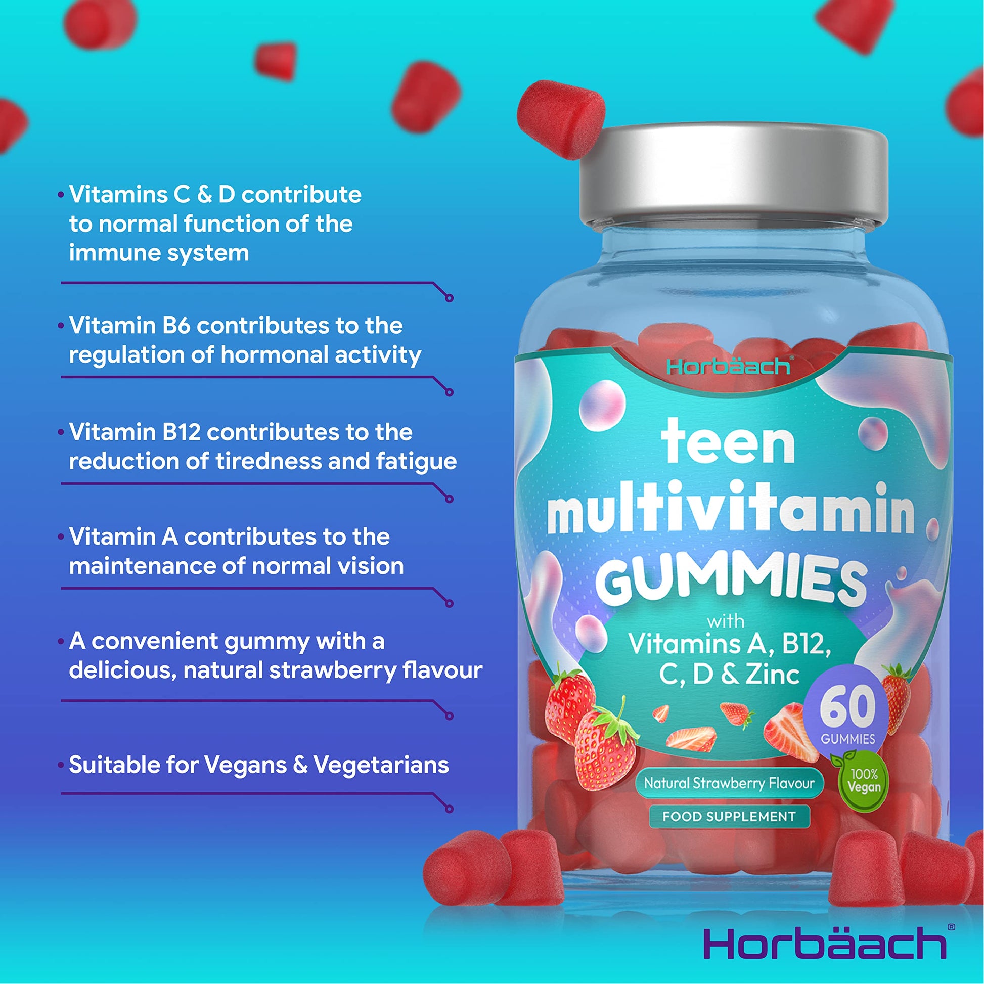 Multivitamins for Teens | 60 Vegan Gummies | 14 Essential Nutrients | with Vitamin A, B12 Horbäach Au supplements
