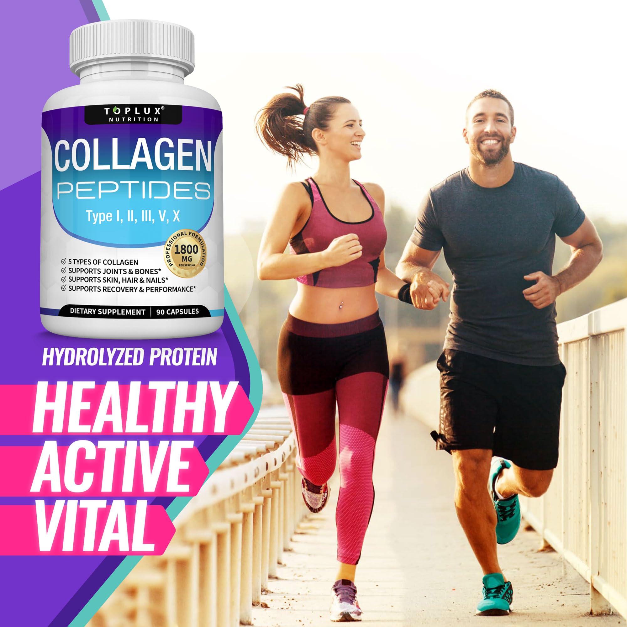 Toplux Multi Collagen Peptides Pills 1800 Mg Complex - Type I, II, III, V, X Premium Collagen Complex for Better Skin & Hair, Strong Joint, Hydrolyzed Protein, for Men Women, 90 Capsules, Supplement Toplux Au supplements