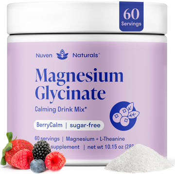 Magnesium Glycinate Powder + L-Theanine | 60 Servings | 300 mg per Scoop High Absorption Chelated Magnesium Powder for Sleep - Natural Mixed Berry Flavor, No Sugar, Support Restful Sleep & Relaxation Nuven Naturals Au supplements