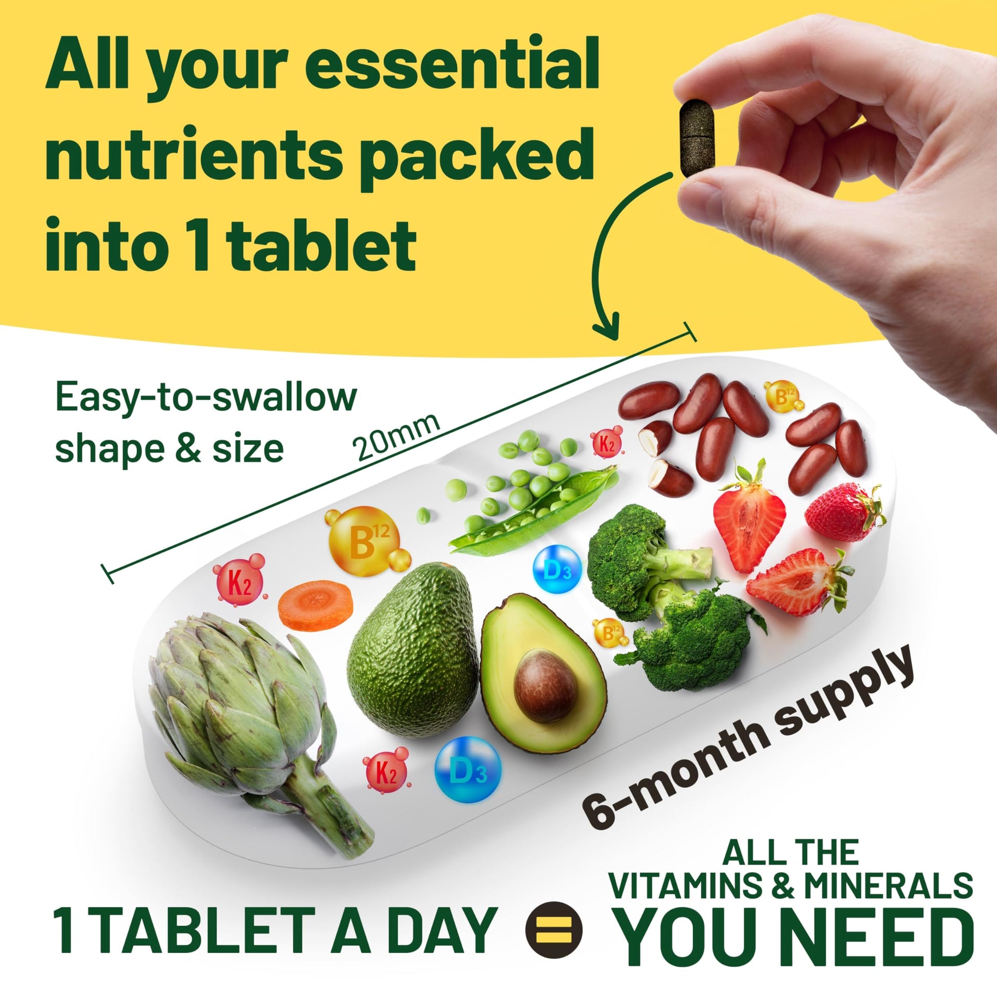 Vegan Vitality Multivitamins & Minerals for Women and Men with High Strength Vitamin B12, D3 & K2. 180 Vegan Multivitamin Tablets - 6 Months Supply Vegan Vitality Au supplements