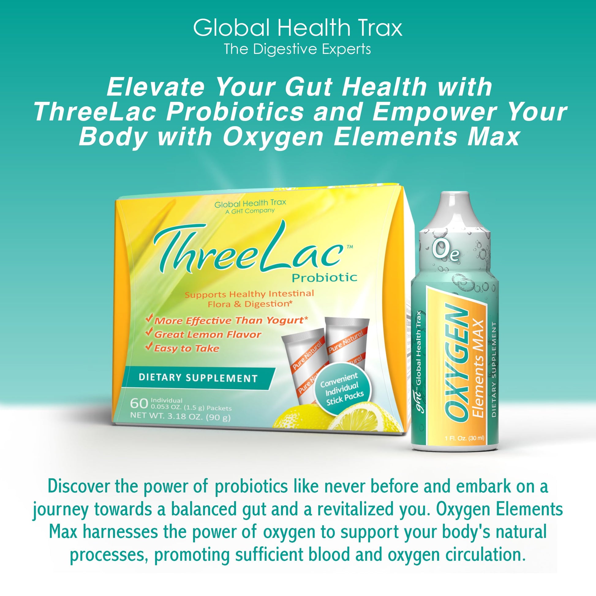 GHT – Ultimate Gut & Oxygen Duo: ThreeLac Lemon Probiotic Powder (180 Packets) & Oxygen Elements Max Drops (3oz) - Digestive Support & Cellular Vitality ght Global Health Trax Au supplements