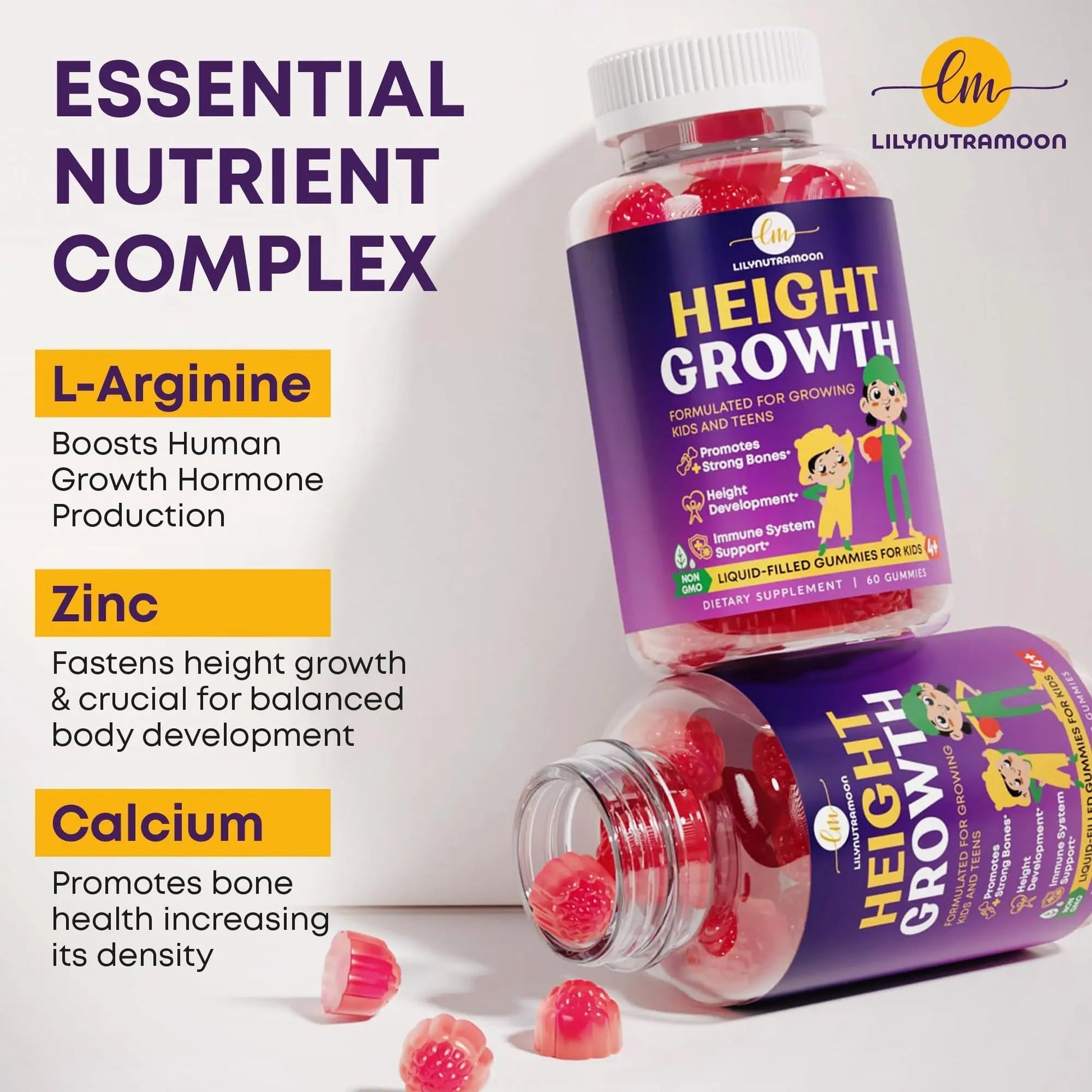 Height Growth Gummies for Kids & Teens - Calcium, Vitamin D3 + K2, Zinc, Magnesium, L-Arginine, Vitamin C - Multivitamin for Teen Boys & Girls LM LILYNUTRAMOON Au supplements