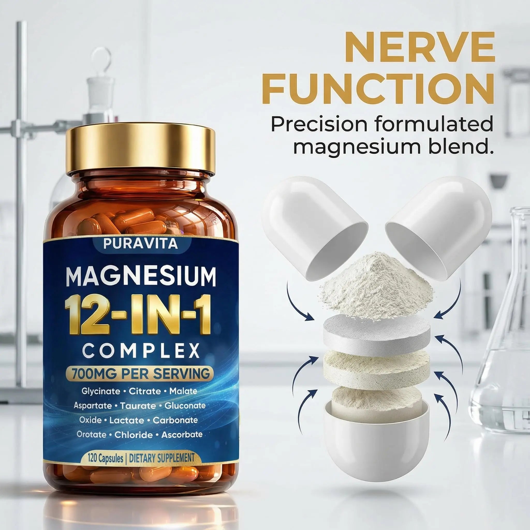 Puravita 12 in 1 Magnesium Complex Capsules - 700mg High Absorption Blend with Glycinate, Citrate, Malate, Oxide & Taurate. Supports Muscle Function, Nerve Health & Relaxation - 120 Capsules (1) PURAVITA Au supplements