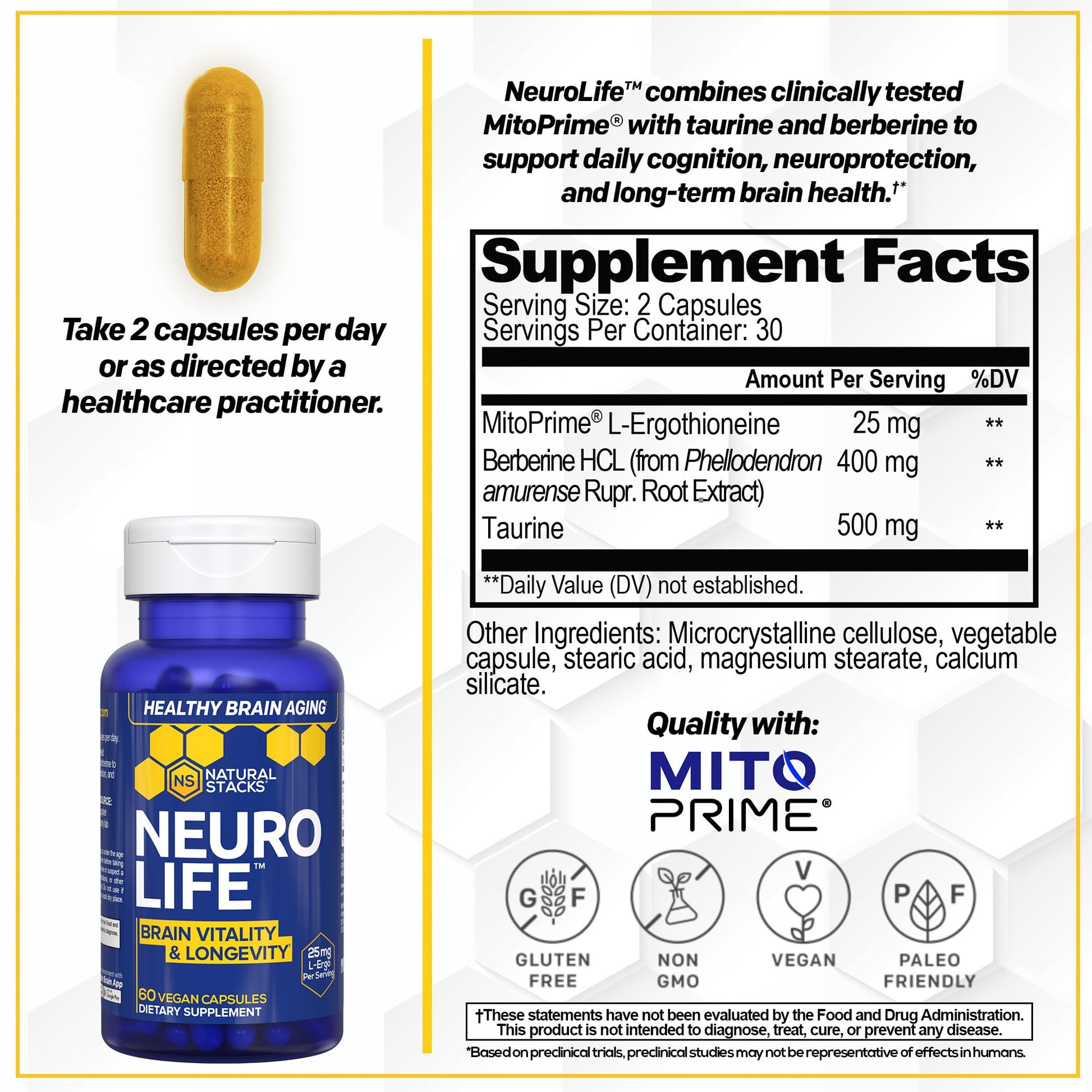 NeuroLife Longevity Supplement - 500mg Taurine & 400mg Berberine Supplement - Clinically Tested MitoPrime L-Ergothioneine - Brain Support for Cognitive Vitality - 60 Berberine Capsules NATURAL STACKS Au supplements