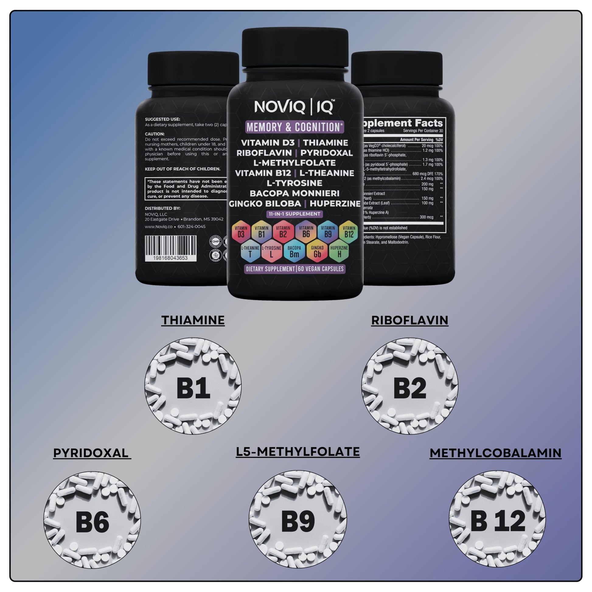 11-in-1 Nootropic Supplement: Supports Memory & Cognition - 100mg Ginkgo 150mg Bacopa 300mcg Huperzine 200mg L-Theanine 150mg L-Tyrosine & Bioactive B-Complex w/ 5-MTHF - 1,100mg+ Serving - 60 Count NOVIQ Au supplements