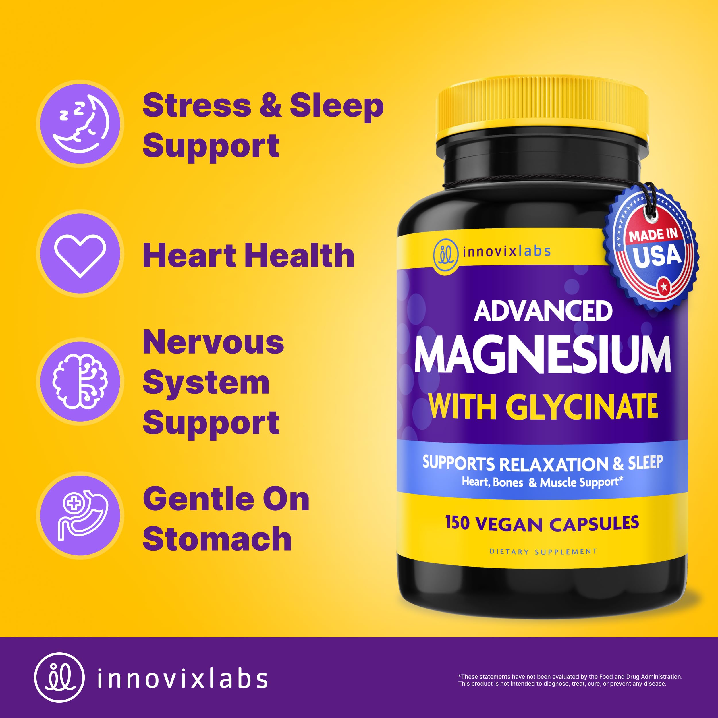 InnovixLabs Advanced Magnesium Capsules - 150 Ct, 210 mg - Chelated Glycinate and Malate - High Absorption, Promotes Relaxation, Bones, Muscle Health, Vegan Malate Sleep Supplement InnovixLabs Au supplements