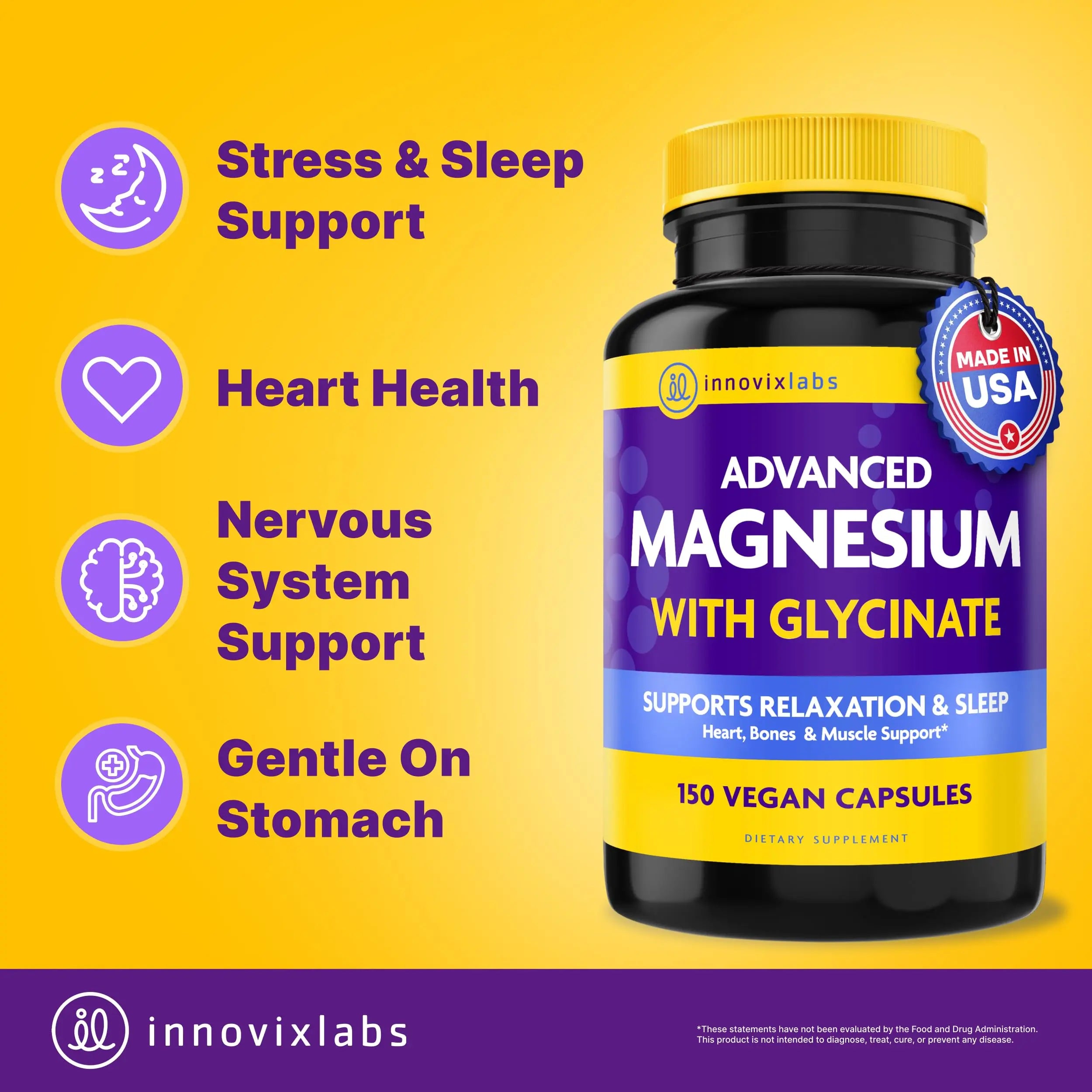 InnovixLabs Advanced Magnesium Capsules - 150 Ct, 210 mg - Chelated Glycinate and Malate - High Absorption, Promotes Relaxation, Bones, Muscle Health, Vegan Malate Sleep Supplement InnovixLabs Au supplements