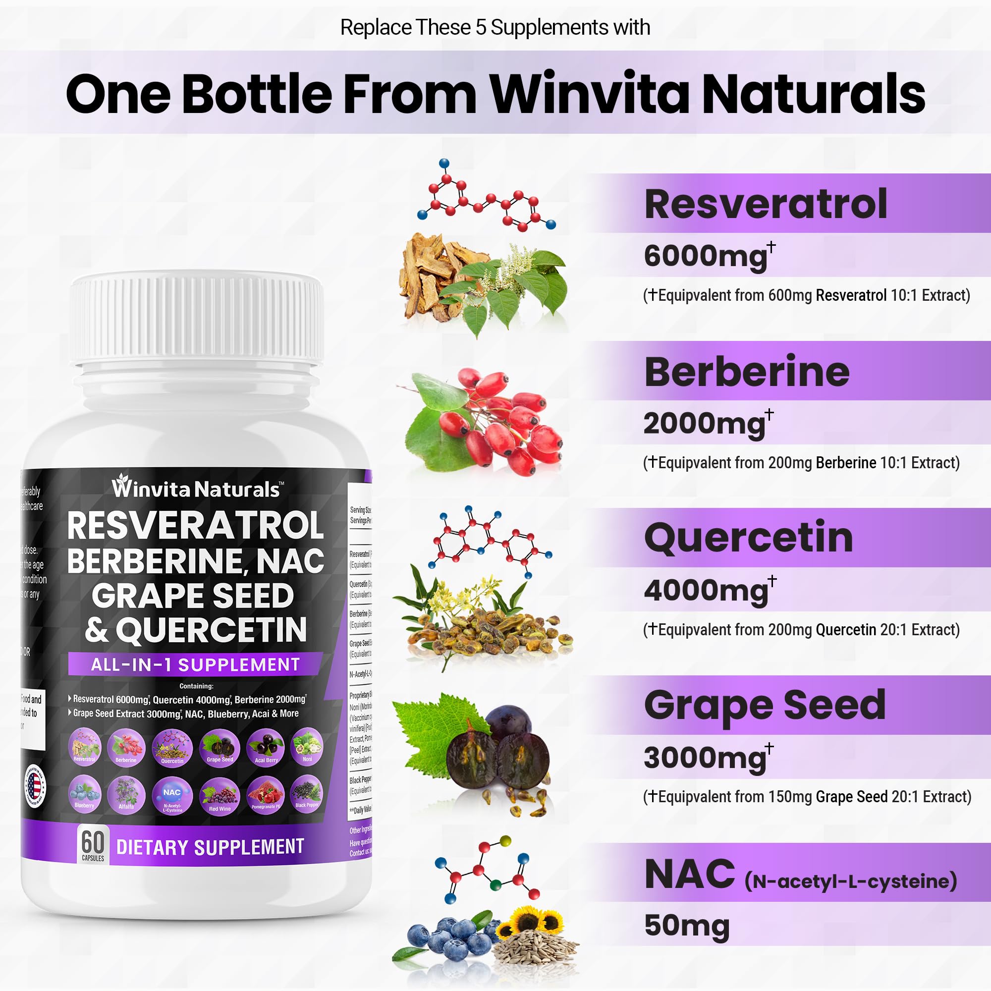 Resveratrol 6000mg Quercetin 4000mg Berberine 2000mg Grape Seed Extract 3000mg Winvita Naturals Au supplements