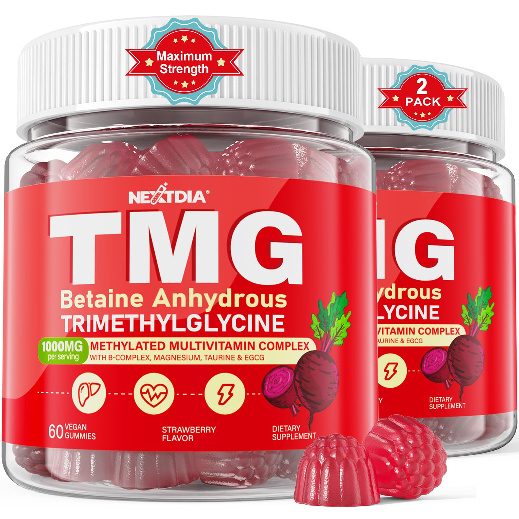 2Pack TMG Gummies 1000mg Betaine Anhydrous + Methylated Multivitamin & B Complex Methylated(Methylfolate B12 B6), Magnesium, Taurine - Essential Trimethylglycine for Homocysteine Levels, Brain, Energy Nextdia Au supplements