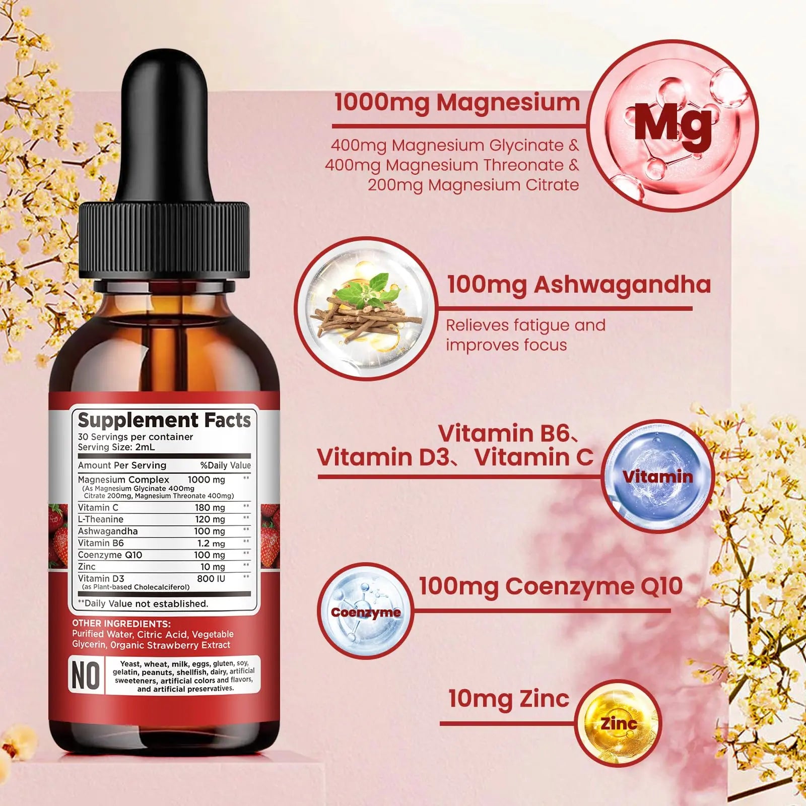 Triple Magnesium Complex Supplement, Magnesium Glycinate, Blend, Citrate Liquid Drops 1000mg with Ashwagandha, CoQ10, Vitamin B6, C, D, Zinc -Support Calm Stress Relief, Bone, Muscle, Mood Vegan dilib Au supplements