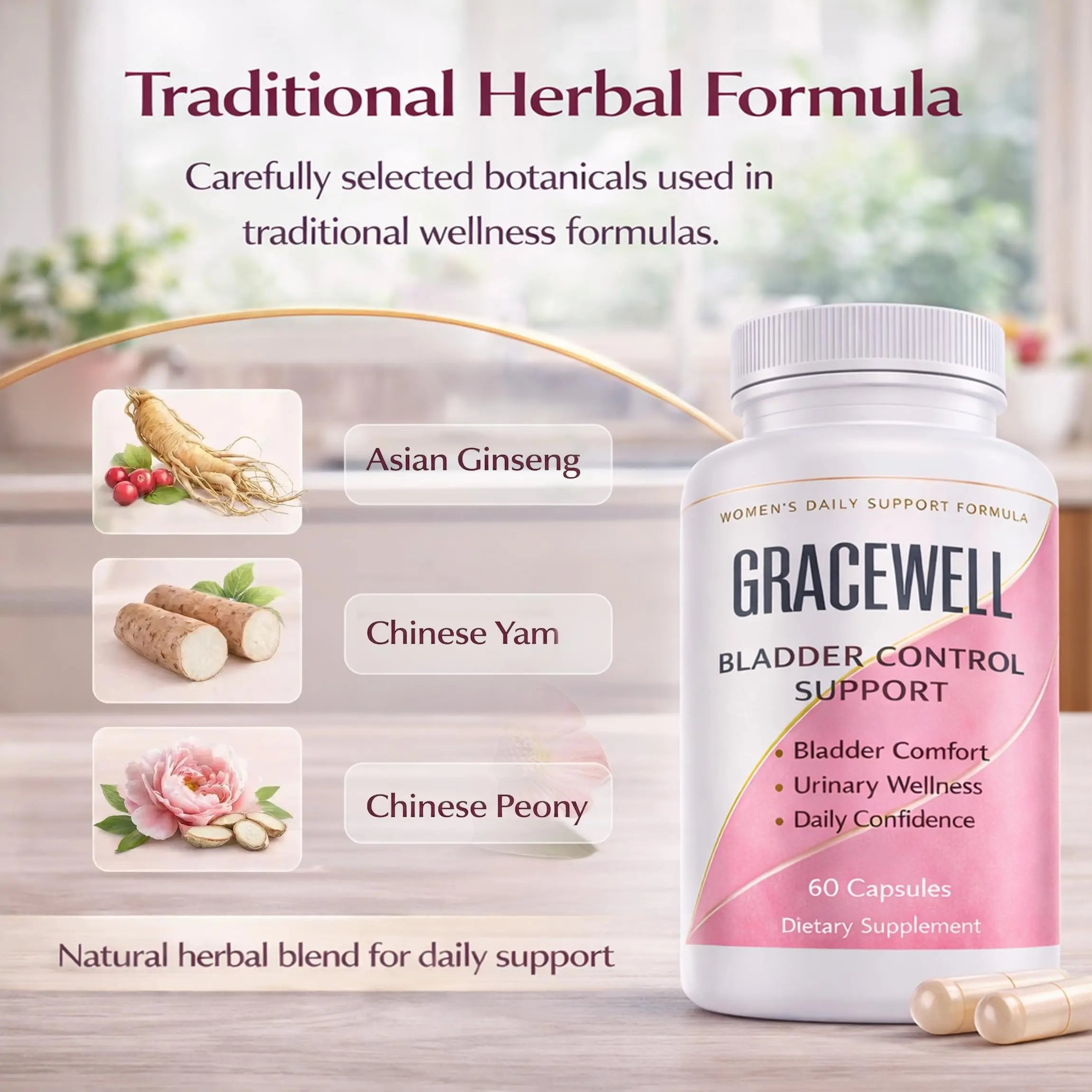 DXWXH Gracewell Bladder Wellness Supplement for Women & Men, Herbal Support with Asian Ginseng, Chinese Yam, Chinese Peony, Urinary Tract Health Formula, 60 Capsules (1) DXWXH Au supplements