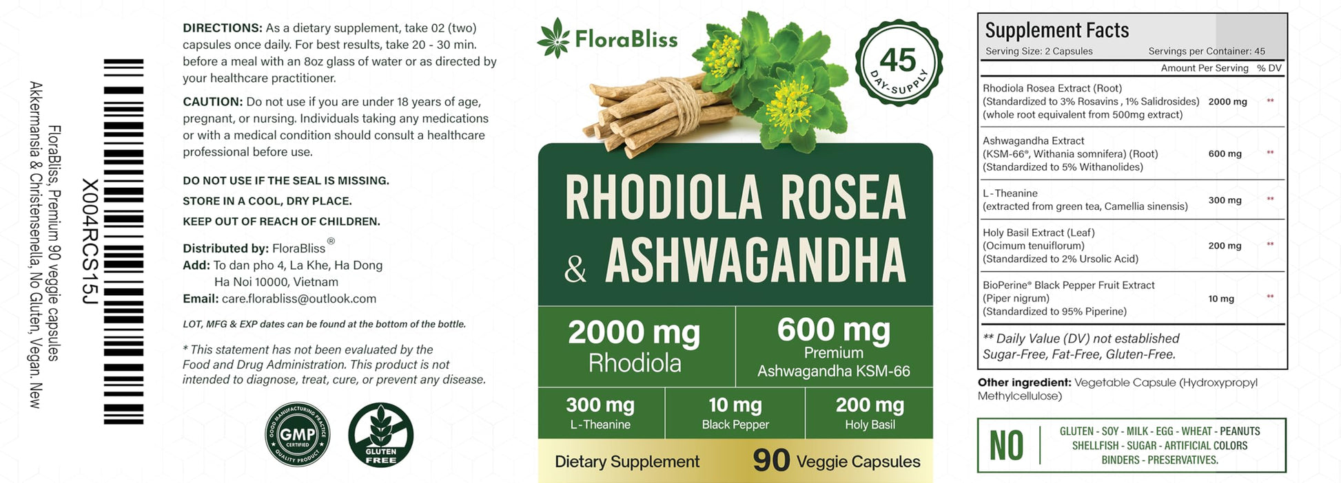 FloraBliss Rhodiola Rosea with Ashwagandha KSM-66, L-Theanine, Holy Basil & Black Pepper - 90 High Potency Vegan Capsules - 45-Day Supply FloraBliss Au supplements