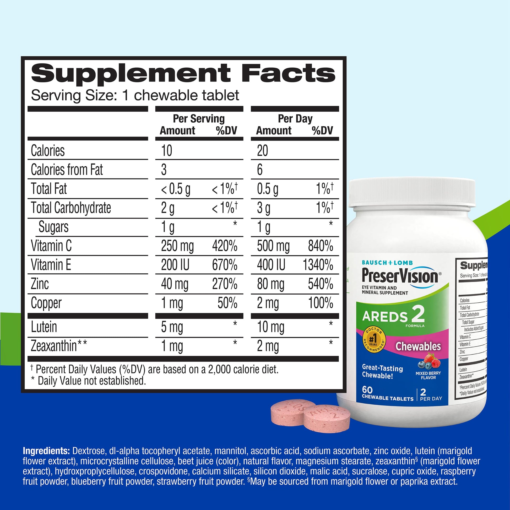 PreserVision AREDS 2 Eye Vitamins, #1 Eye Doctor Recommended Brand, Chewable Lutein and Zeaxanthin Supplement with Vitamin C, Vitamin E,Zinc, and Copper, Mixed Berry, 70 Tablets PreserVision Au supplements