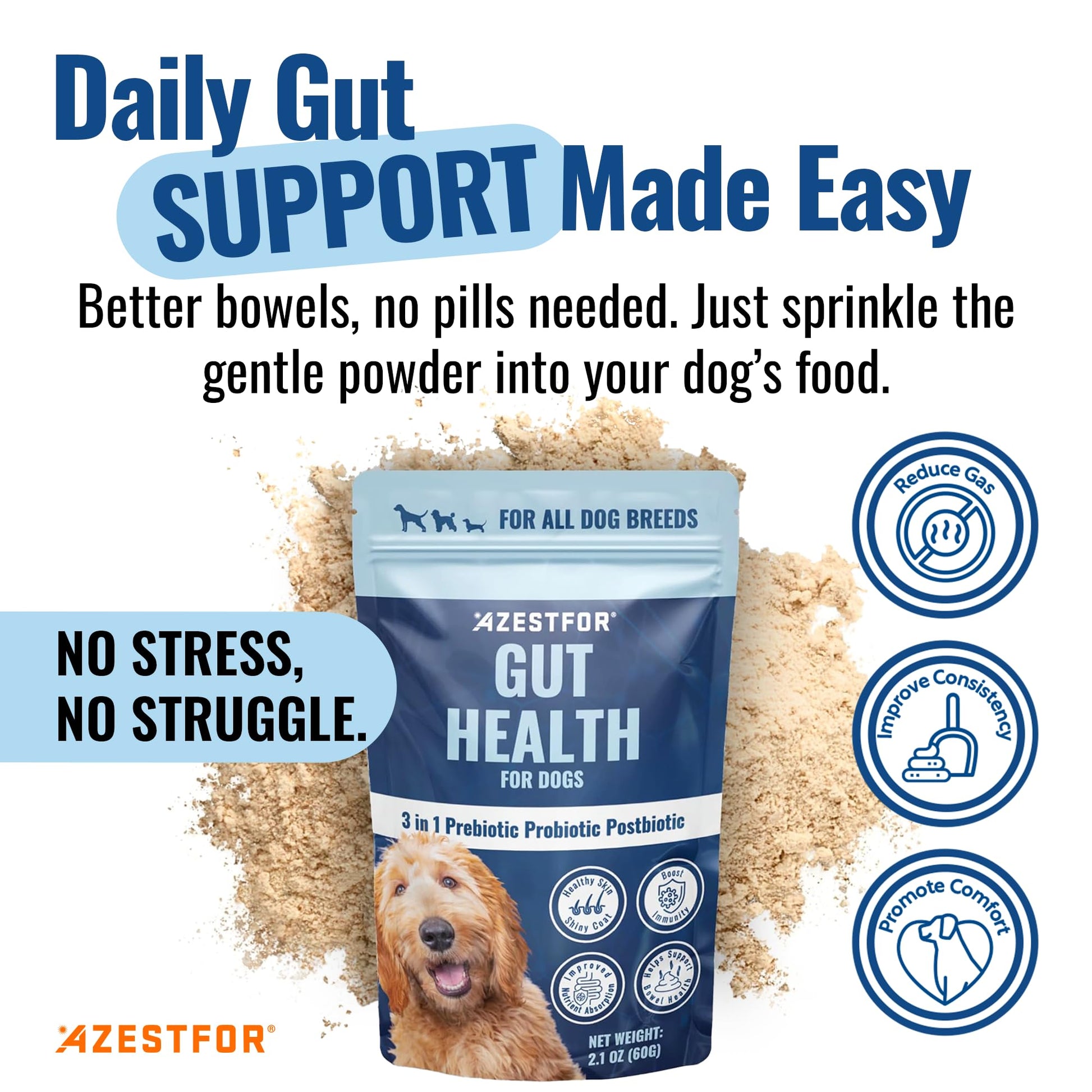 Azestfor Gut Health Supplement for Dogs – 3 in 1 Probiotic, Prebiotic & Postbiotic Blend – Supports Digestion, Immunity & Skin – Easy-to-Use Powder – for All Breeds & Sizes – 60g (30 Servings) Azestfor Au supplements