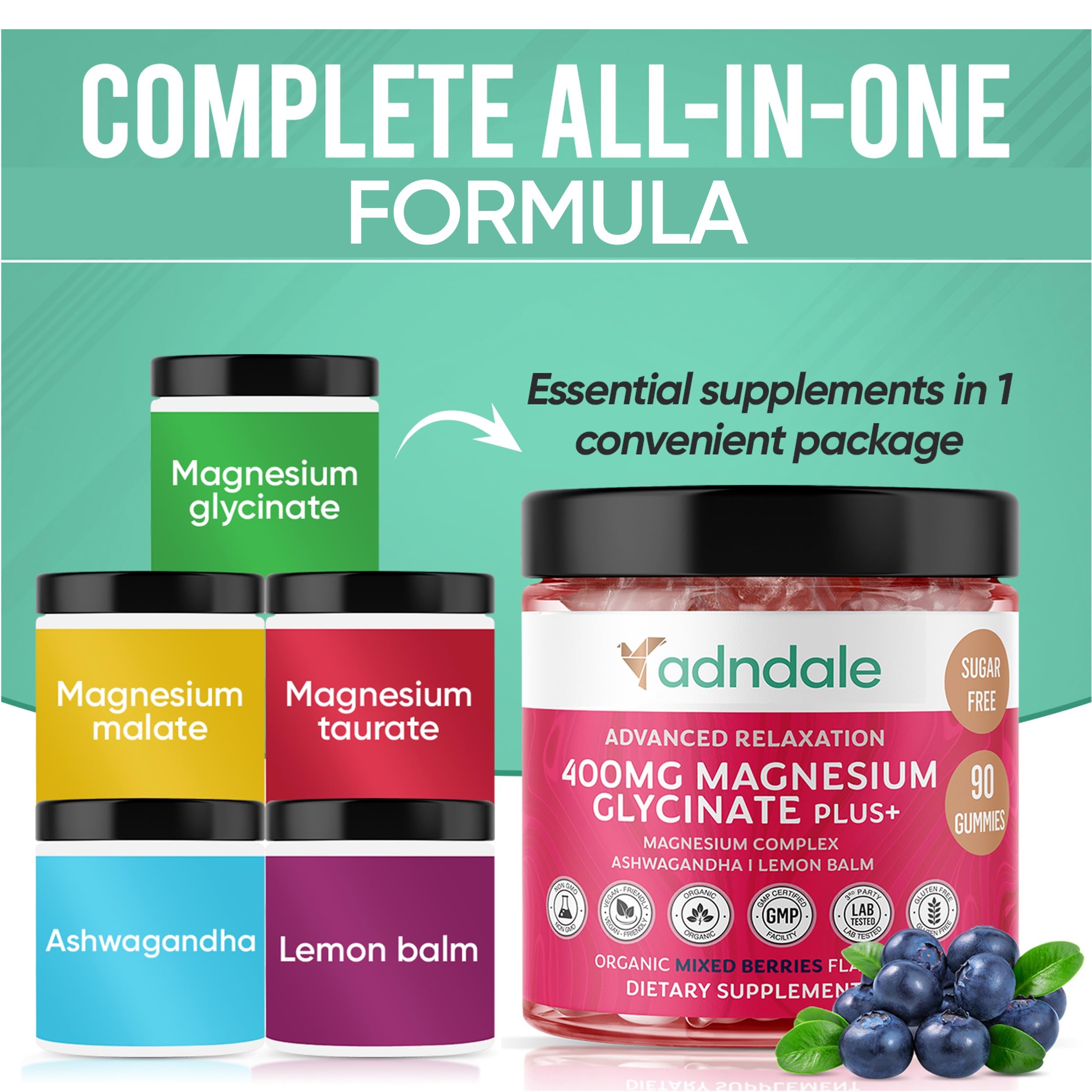 Adndale 90 CT Magnesium Glycinate 400 mg Gummies with Ashwagandha, Magnesium Malate & Taurate, Sugar Free Magnesium Gummies for Adults & Kids. Adndale Au supplements