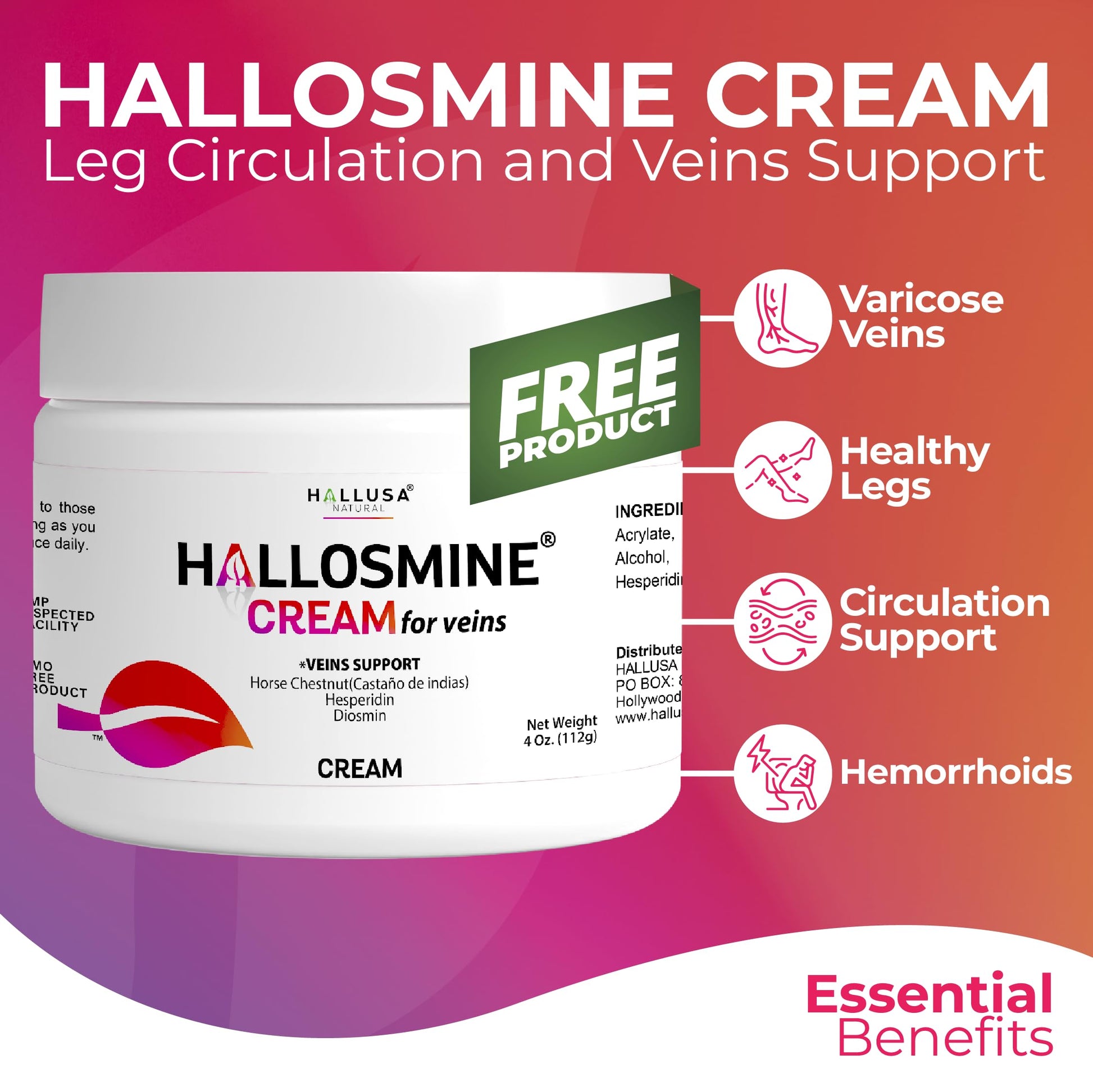 Hallosmine Ultra 650mg Diosmin Hesperidin, 60 Capsules + FREE Leg Cream with Diosmin, Hesperidin & Horse Chestnut, 4 oz | Blood Circulation & Vein Support Supplement, GMO Free, Gluten Free Hallusa Natural Au supplements